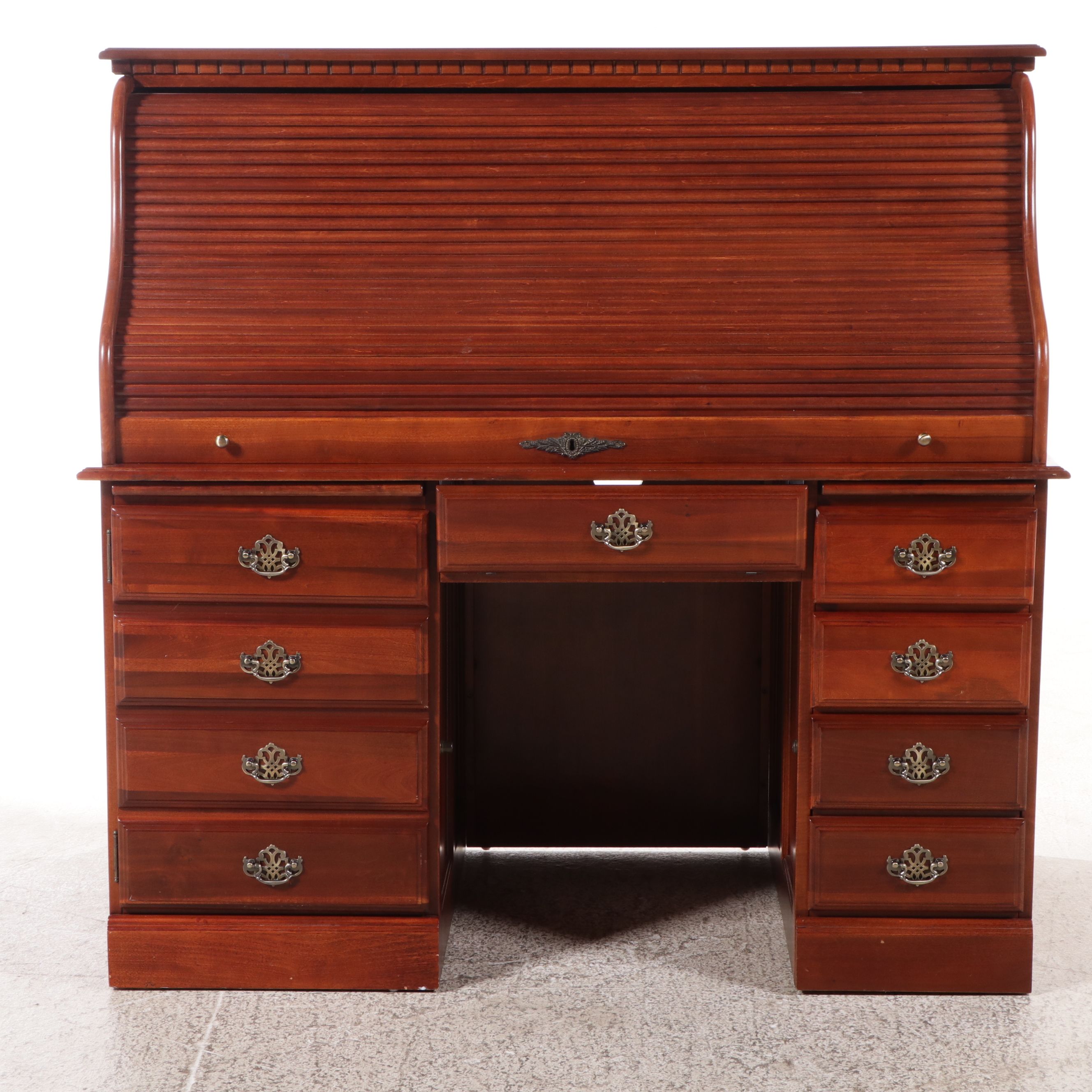 Colonial Style Birch Roll-Top Desk with Armchair