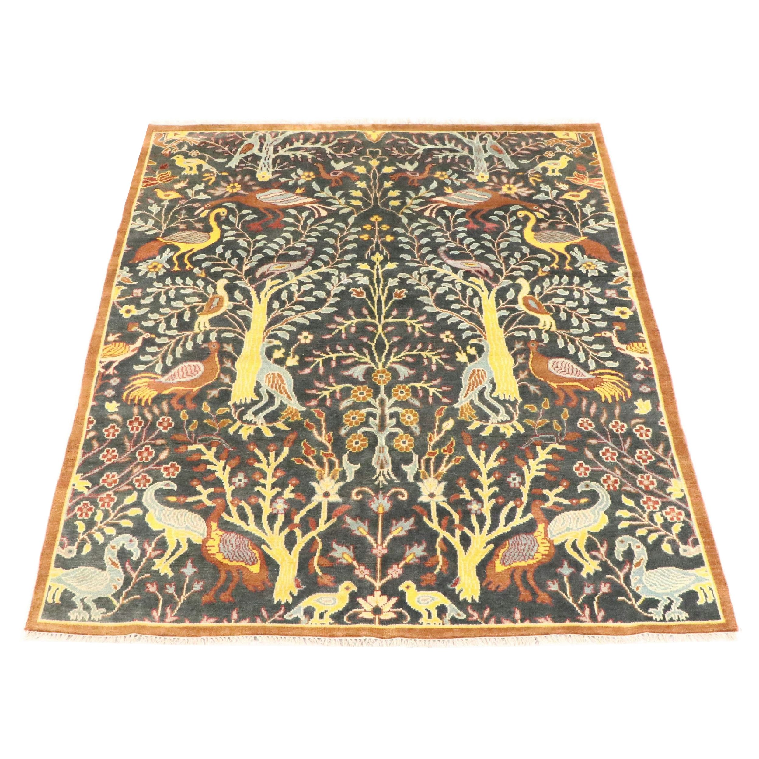 7'7 x 10' Hand-Knotted Pakistani Tree of Life with Birds Area Rug