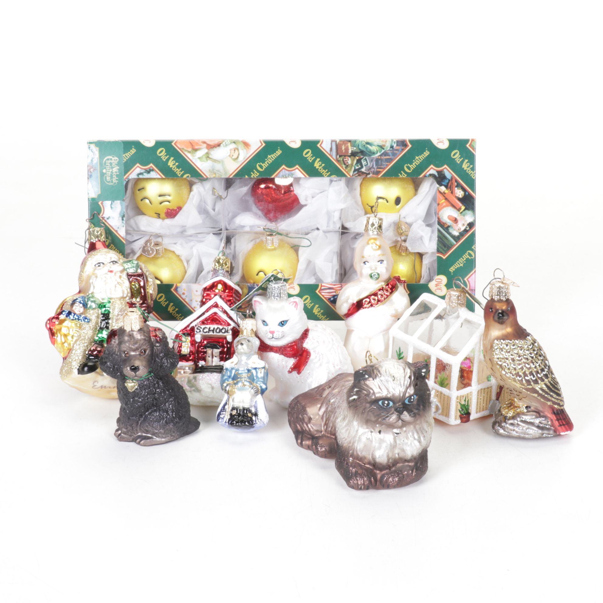 Hand-Painted Glass Emoji and Other Christmas Ornaments