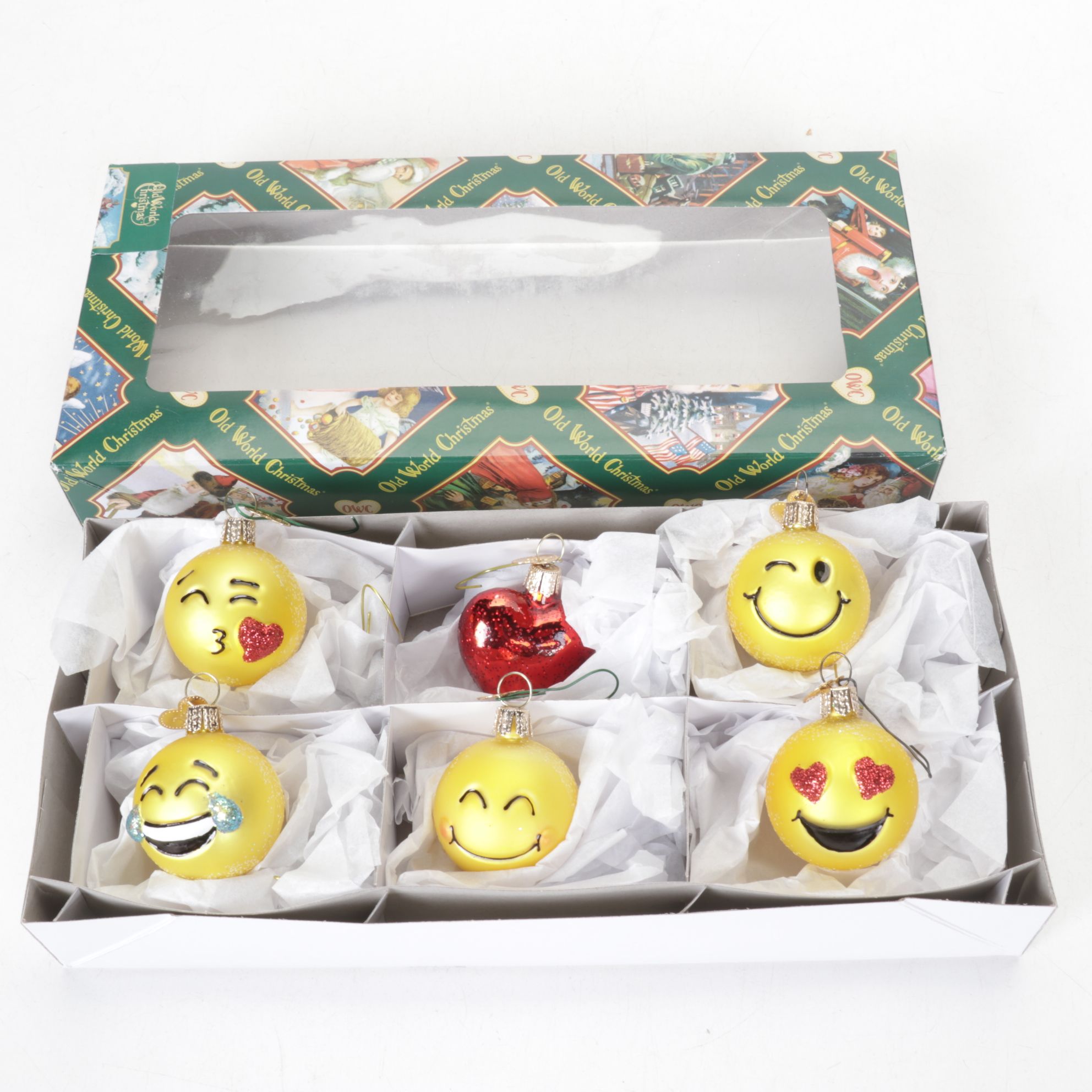 Hand-Painted Glass Emoji and Other Christmas Ornaments