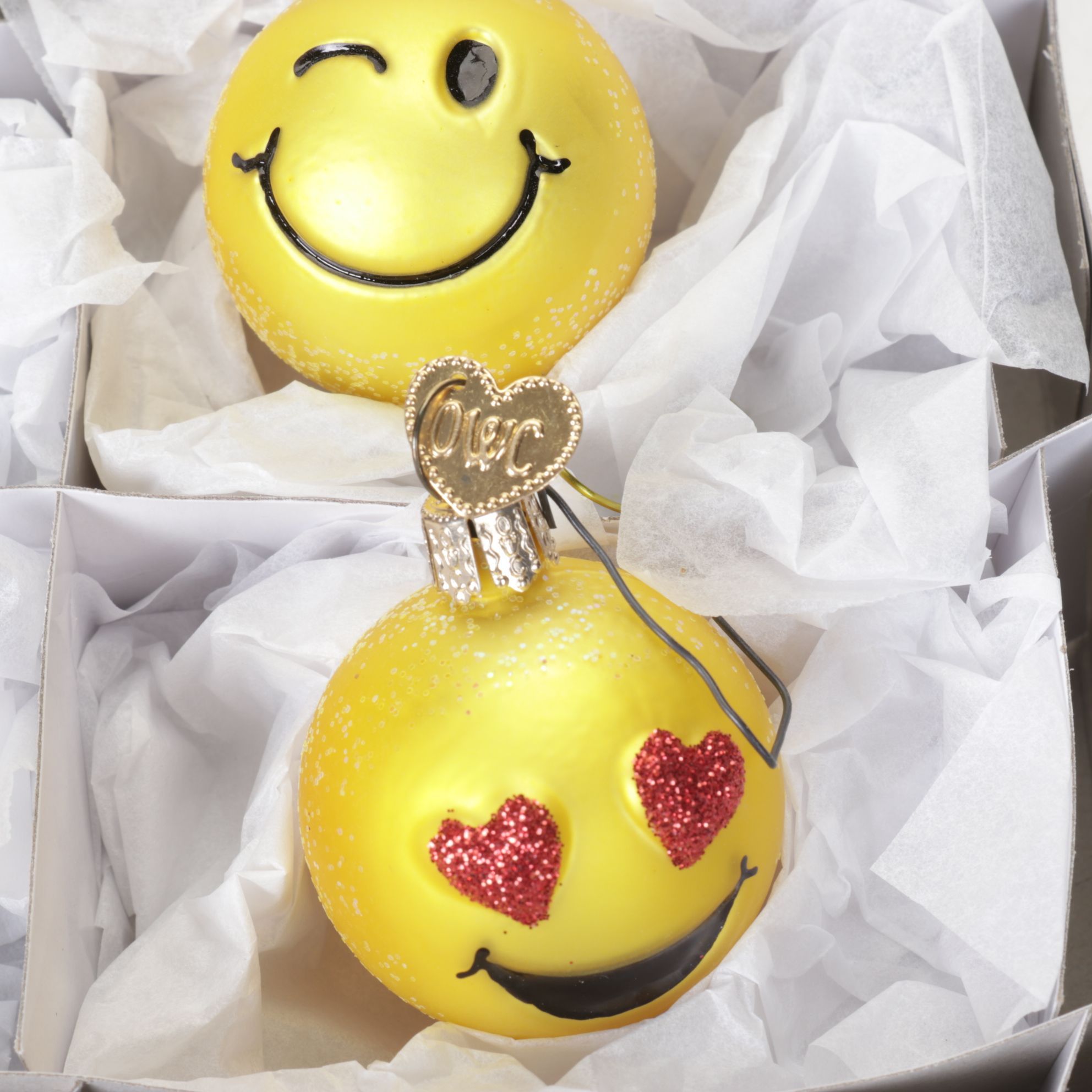 Hand-Painted Glass Emoji and Other Christmas Ornaments