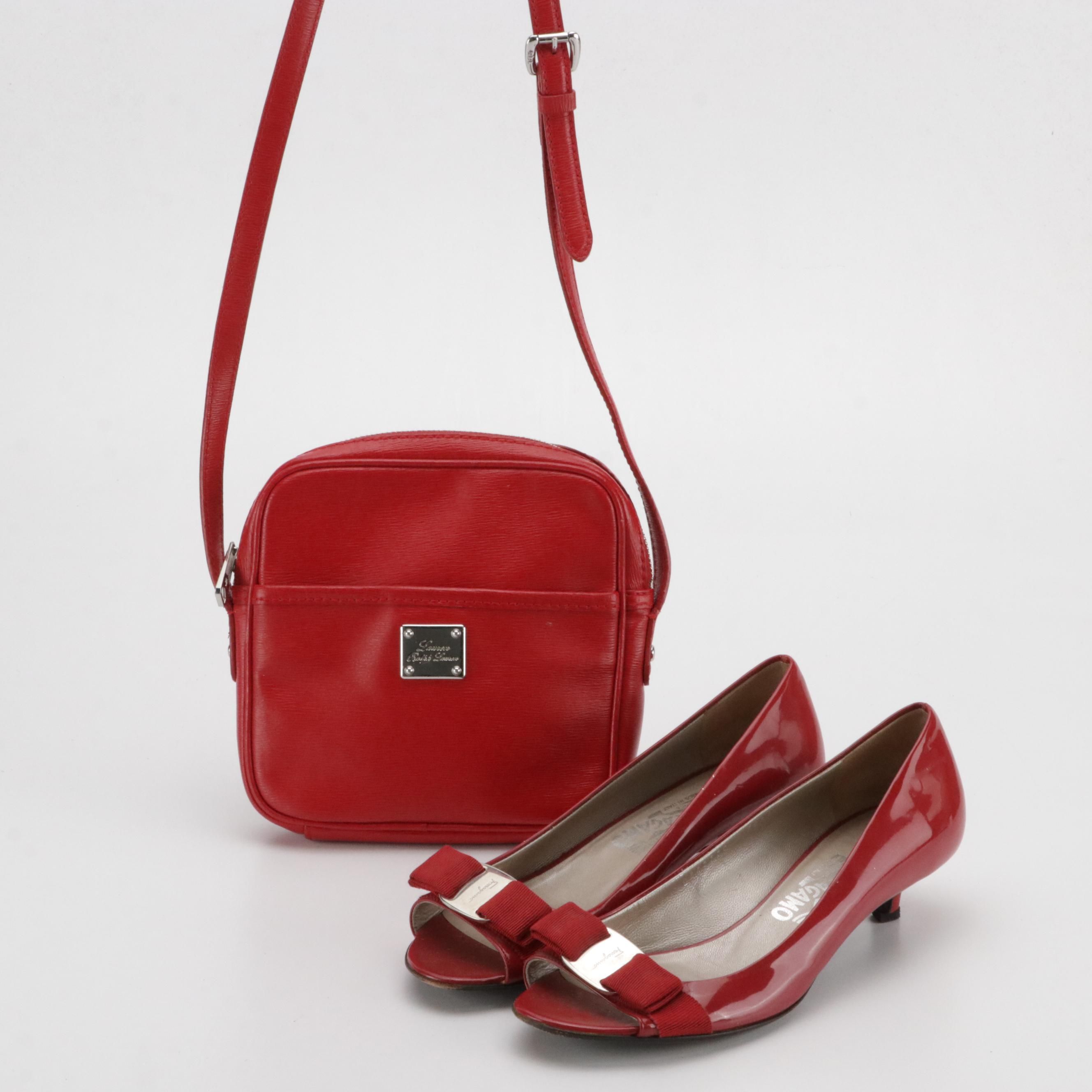 Lauren Ralph Lauren Red Leather Crossbody Bag W/ Salvatore Ferragamo Kitten Heel