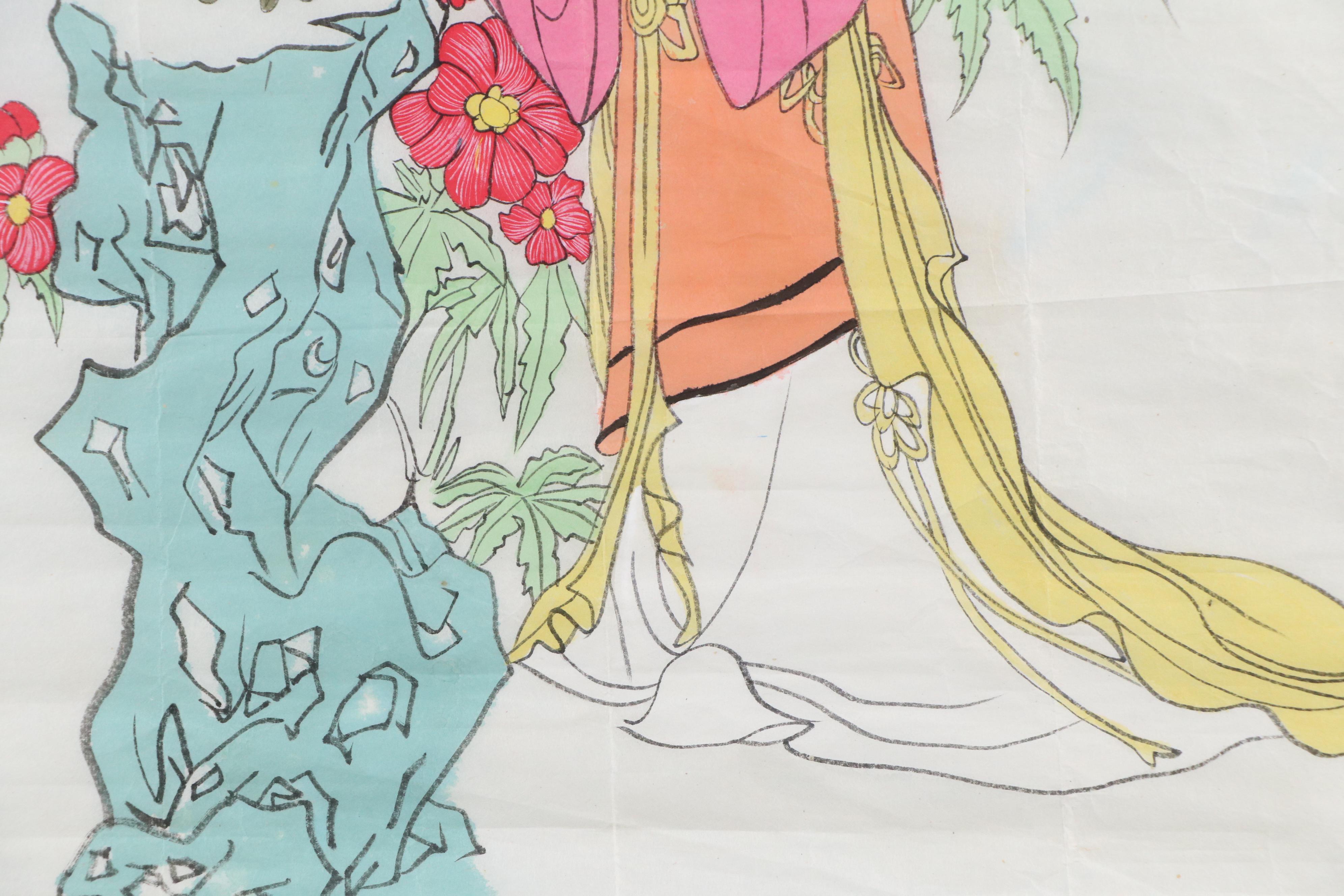 Chinese Watercolor Painting of Woman in Ming Dynasty Dress, Mid-20th Century