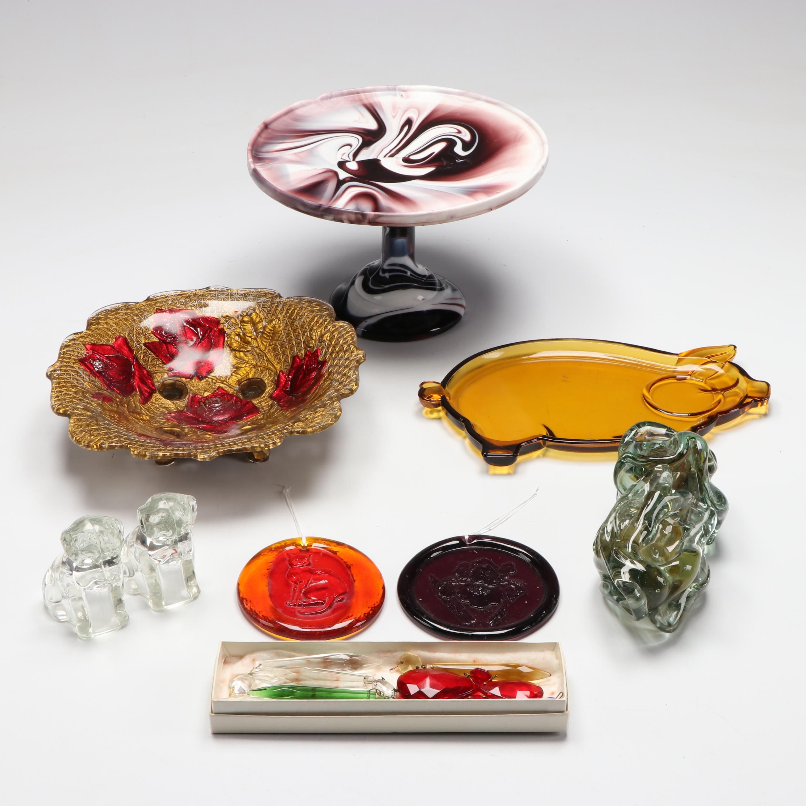 Purple Slag Glass Cake Plate, Goofus Glass Bowl, Suncatchers and More