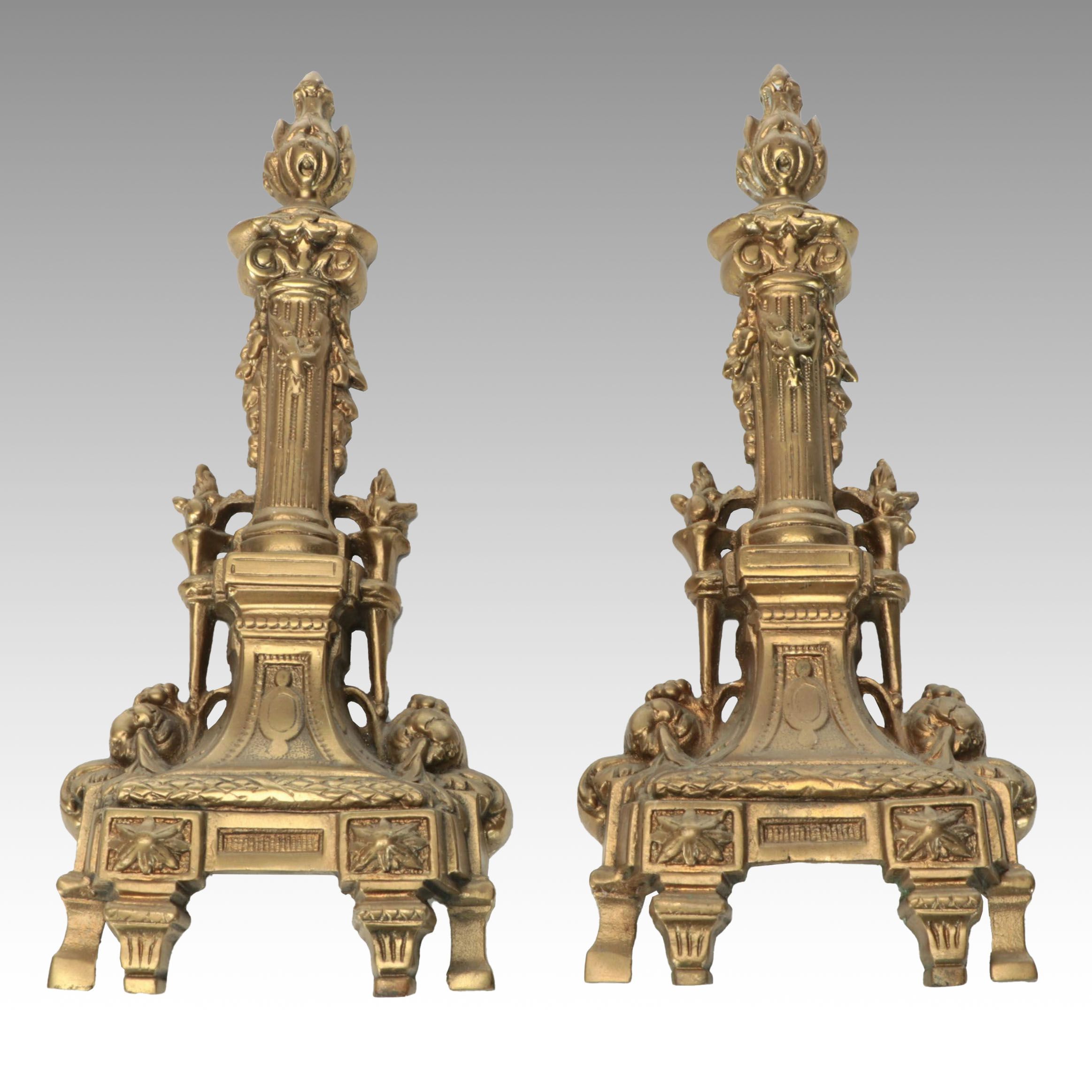 French Style Brass Finish Andirons