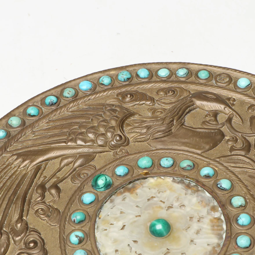 Tibetan Style Embossed Brass and Turquoise Box with Serpentine Inlay | EBTH