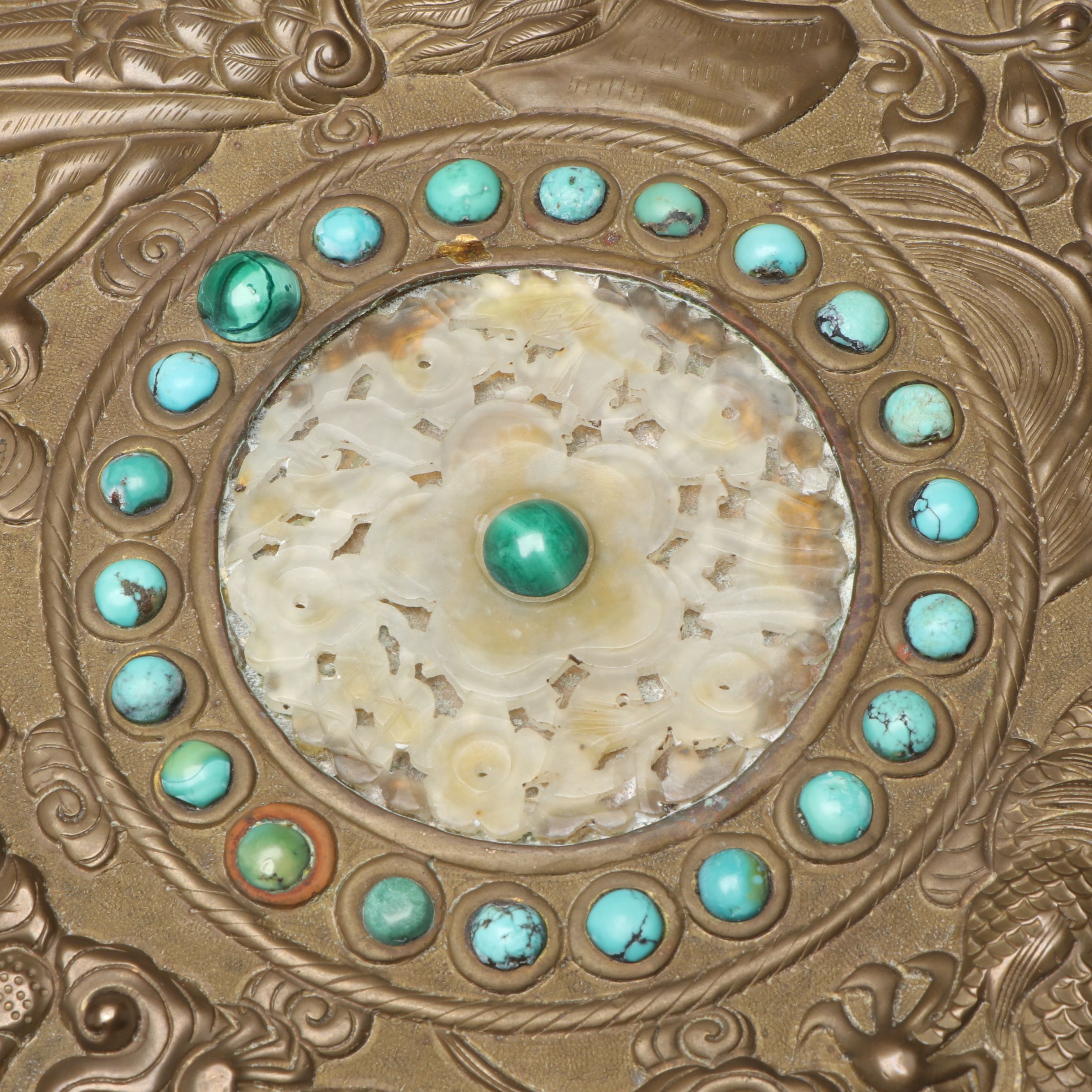 Tibetan Style Embossed Brass and Turquoise Box with Serpentine Inlay
