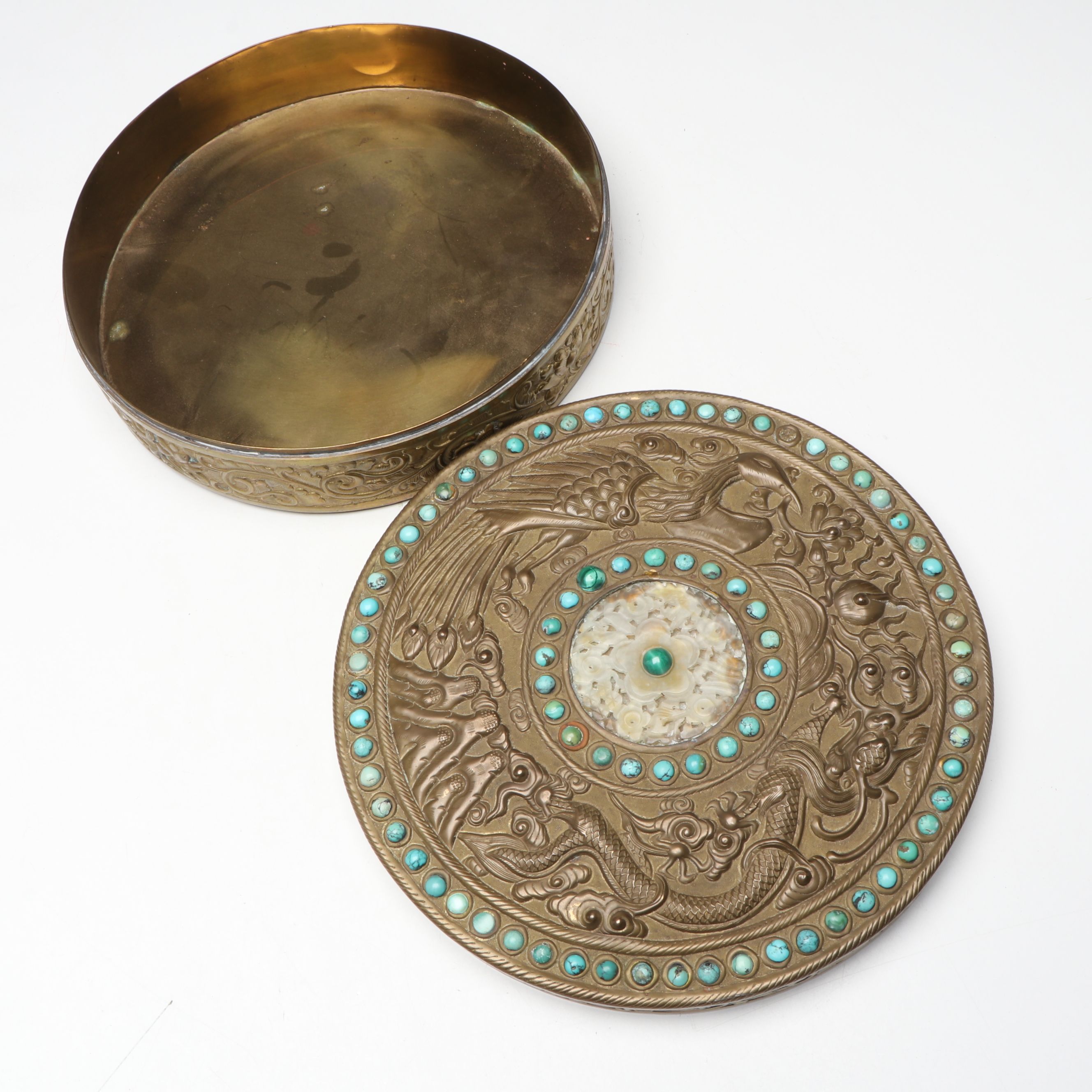 Tibetan Style Embossed Brass and Turquoise Box with Serpentine Inlay