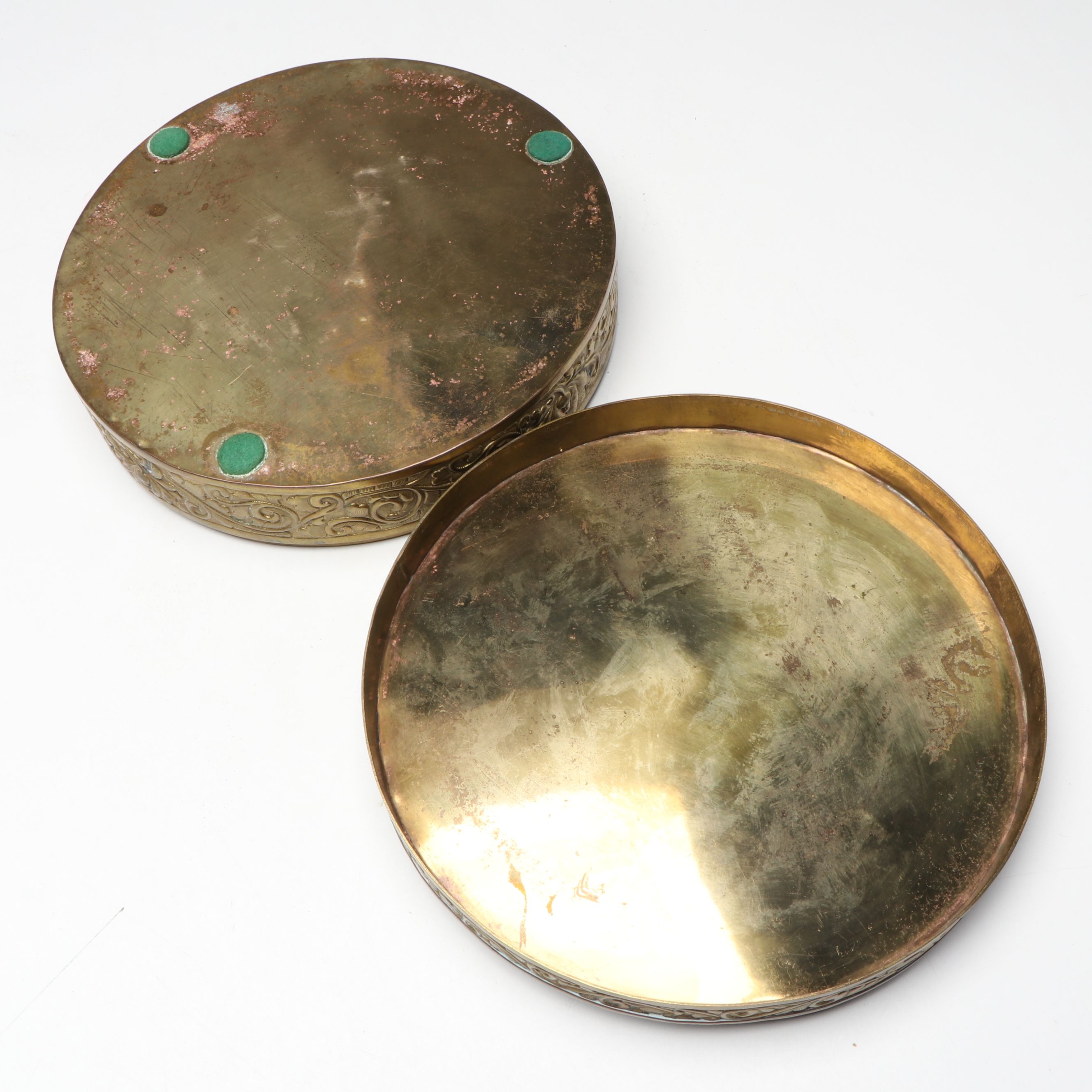 Tibetan Style Embossed Brass and Turquoise Box with Serpentine Inlay