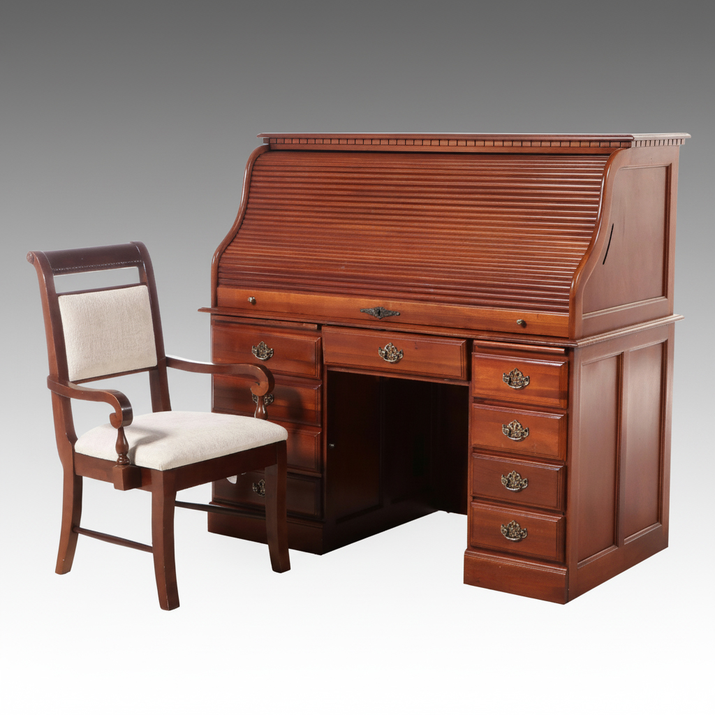 Colonial Style Birch Roll-Top Desk with Armchair