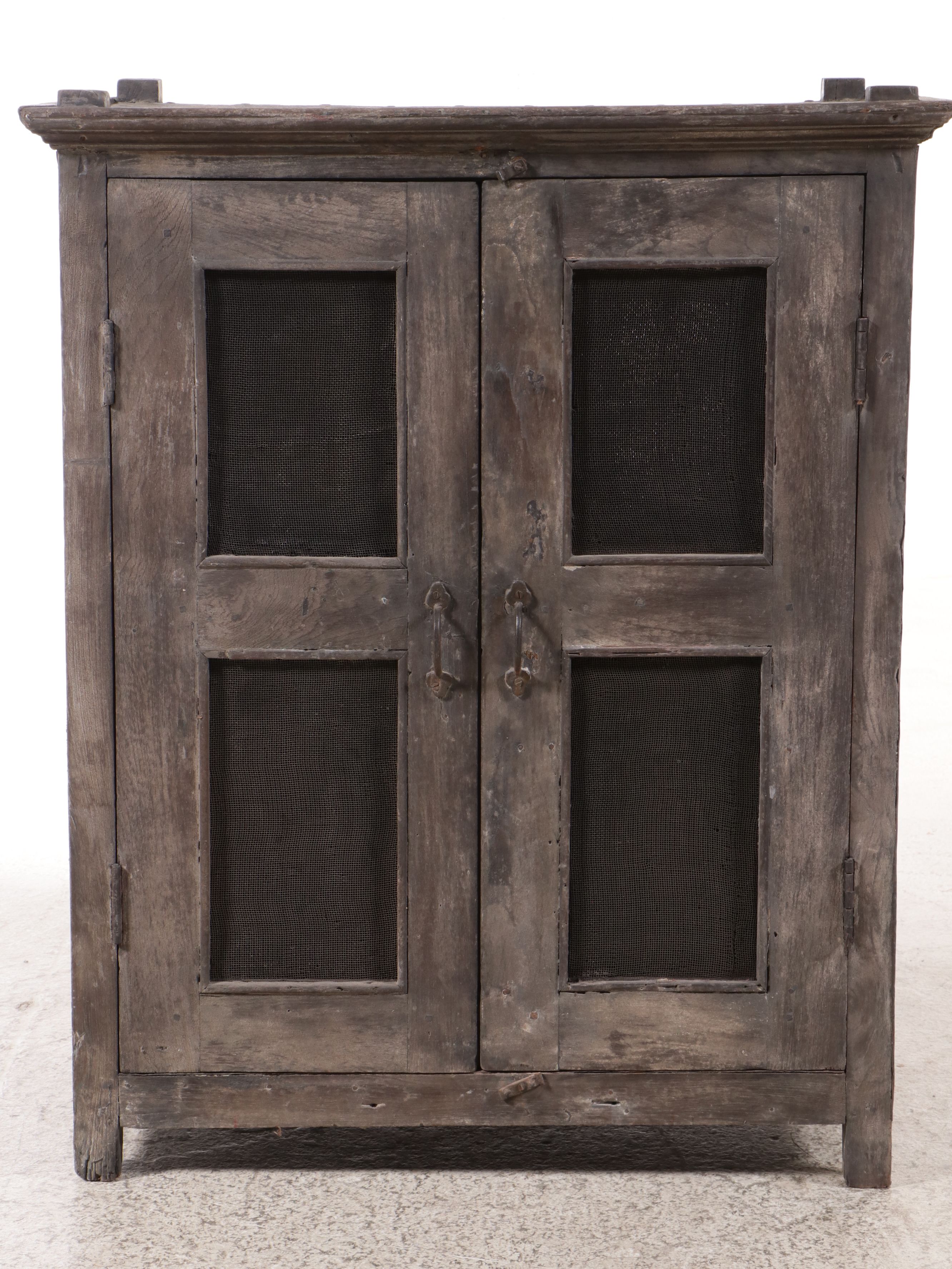 Primitive European Style Wooden Cabinet with Wire Mesh Front