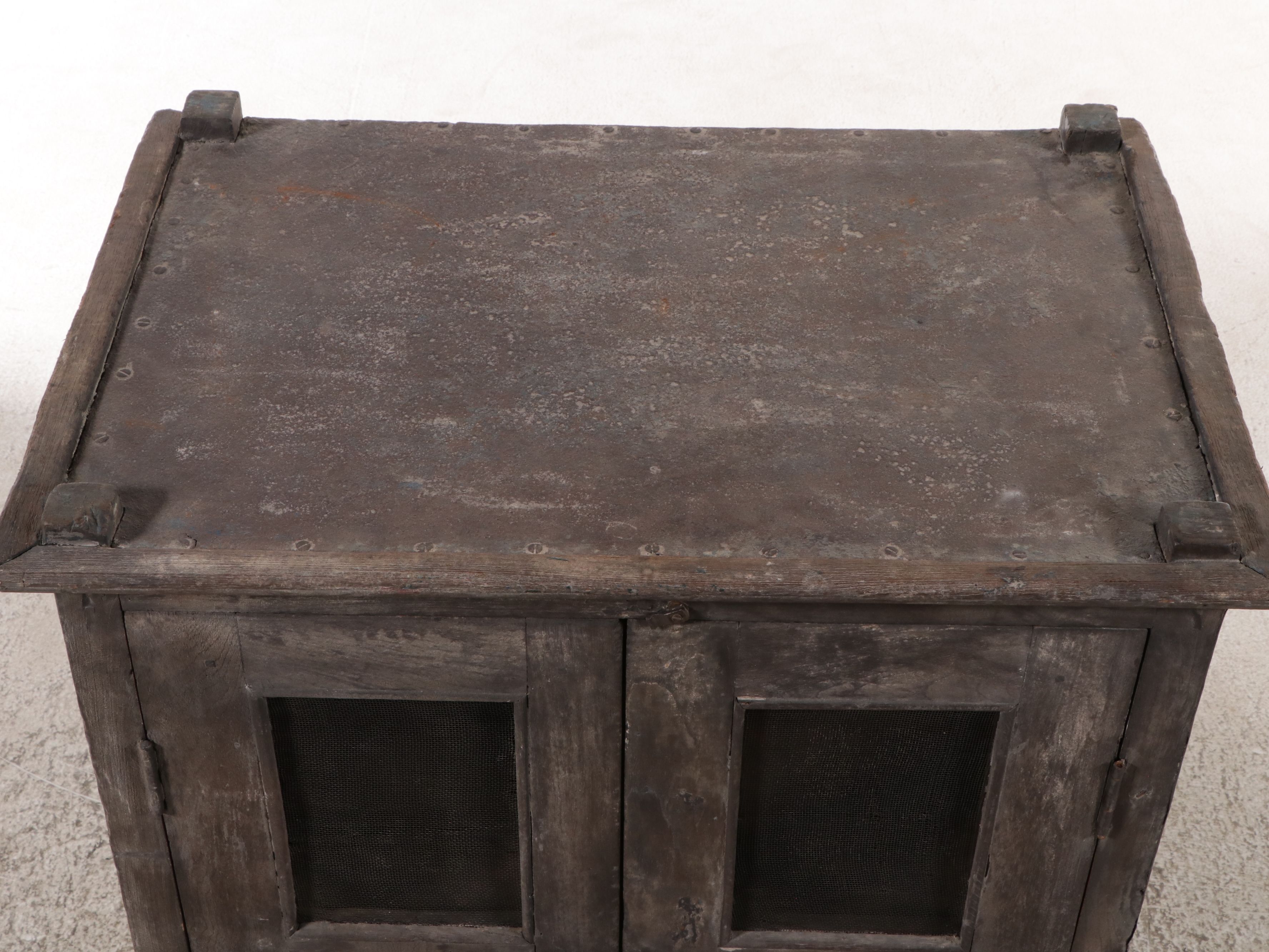 Primitive European Style Wooden Cabinet with Wire Mesh Front