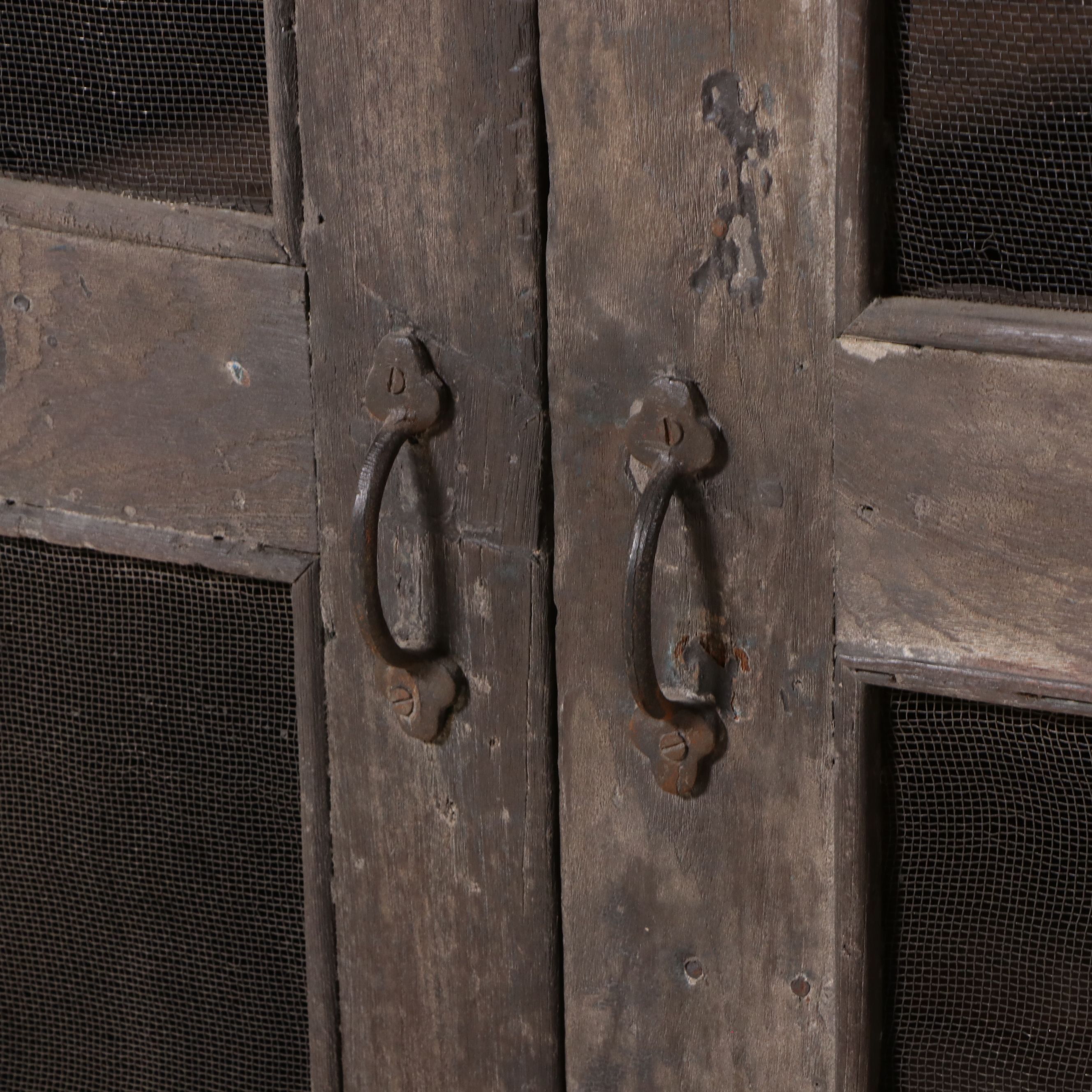 Primitive European Style Wooden Cabinet with Wire Mesh Front
