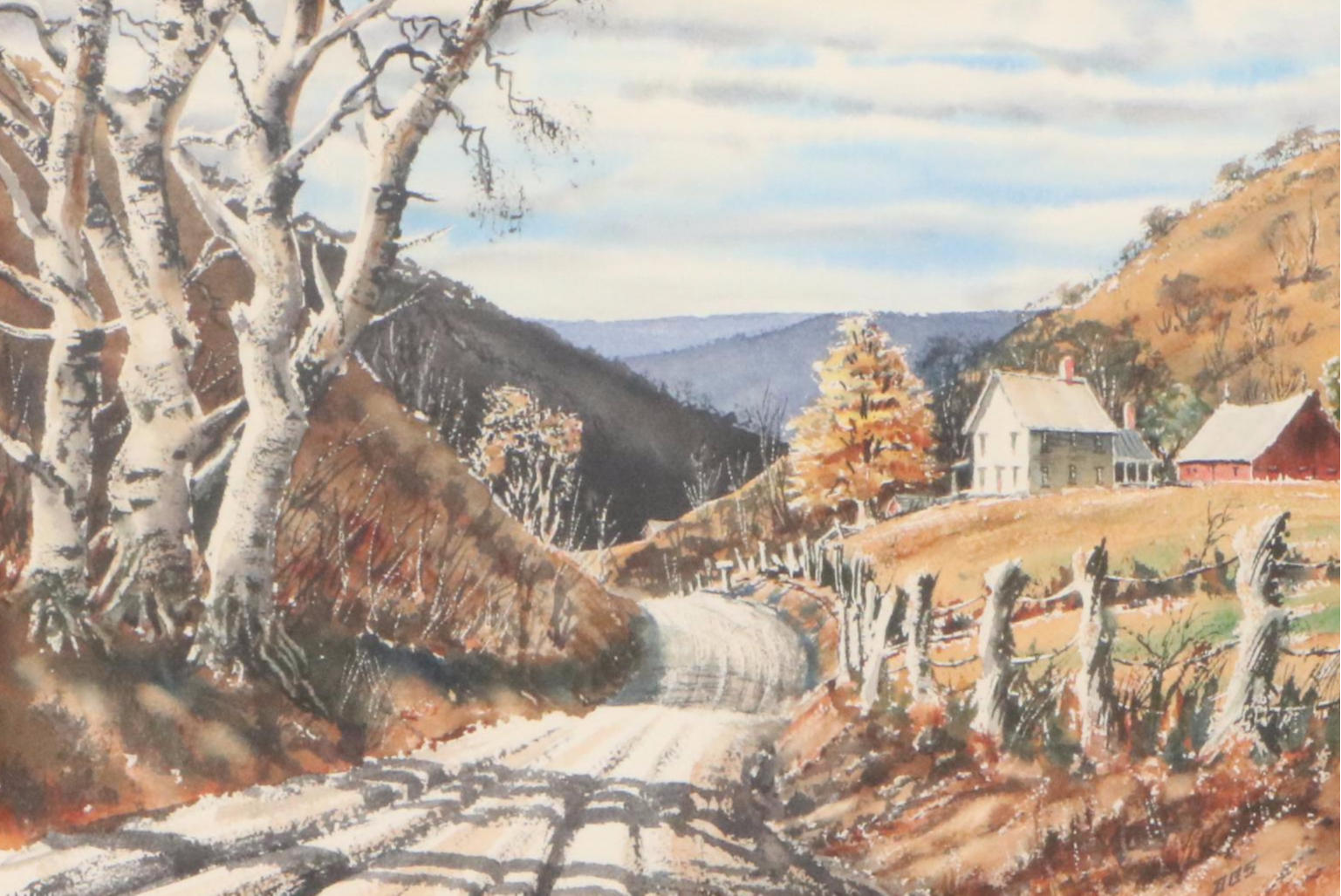Rural Landscape Watercolor Painting, Circa 1970