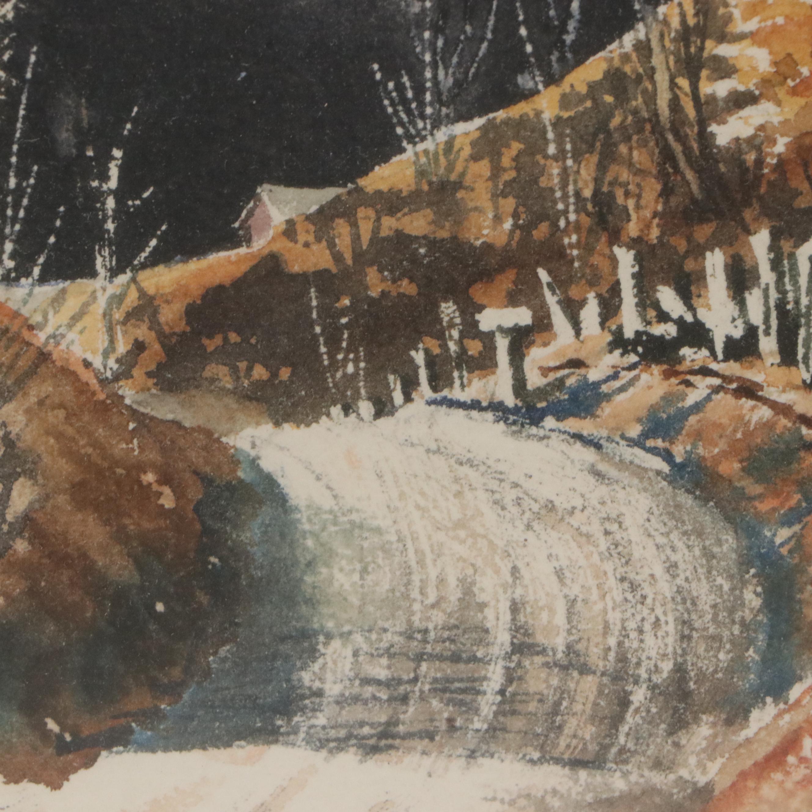 Rural Landscape Watercolor Painting, Circa 1970