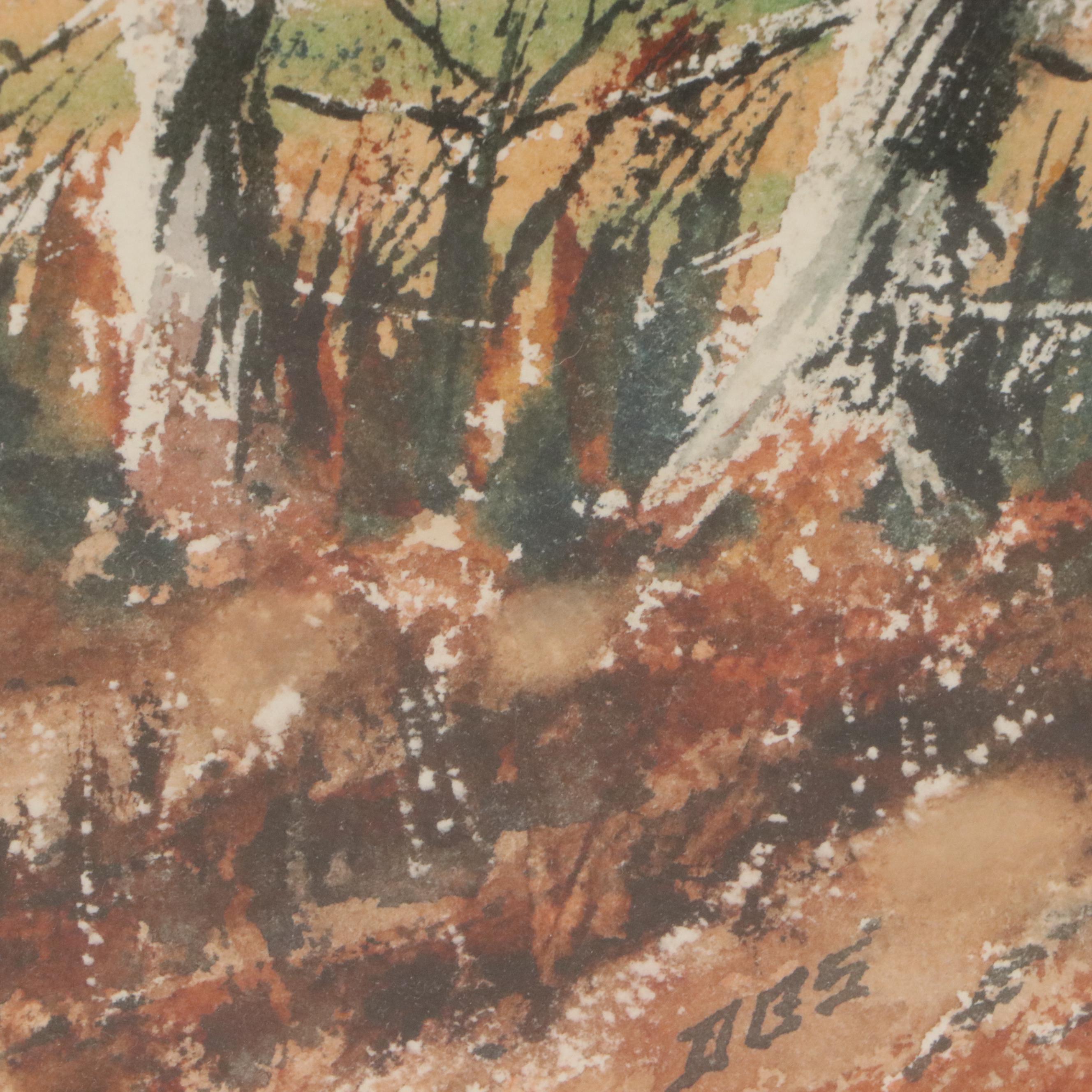 Rural Landscape Watercolor Painting, Circa 1970