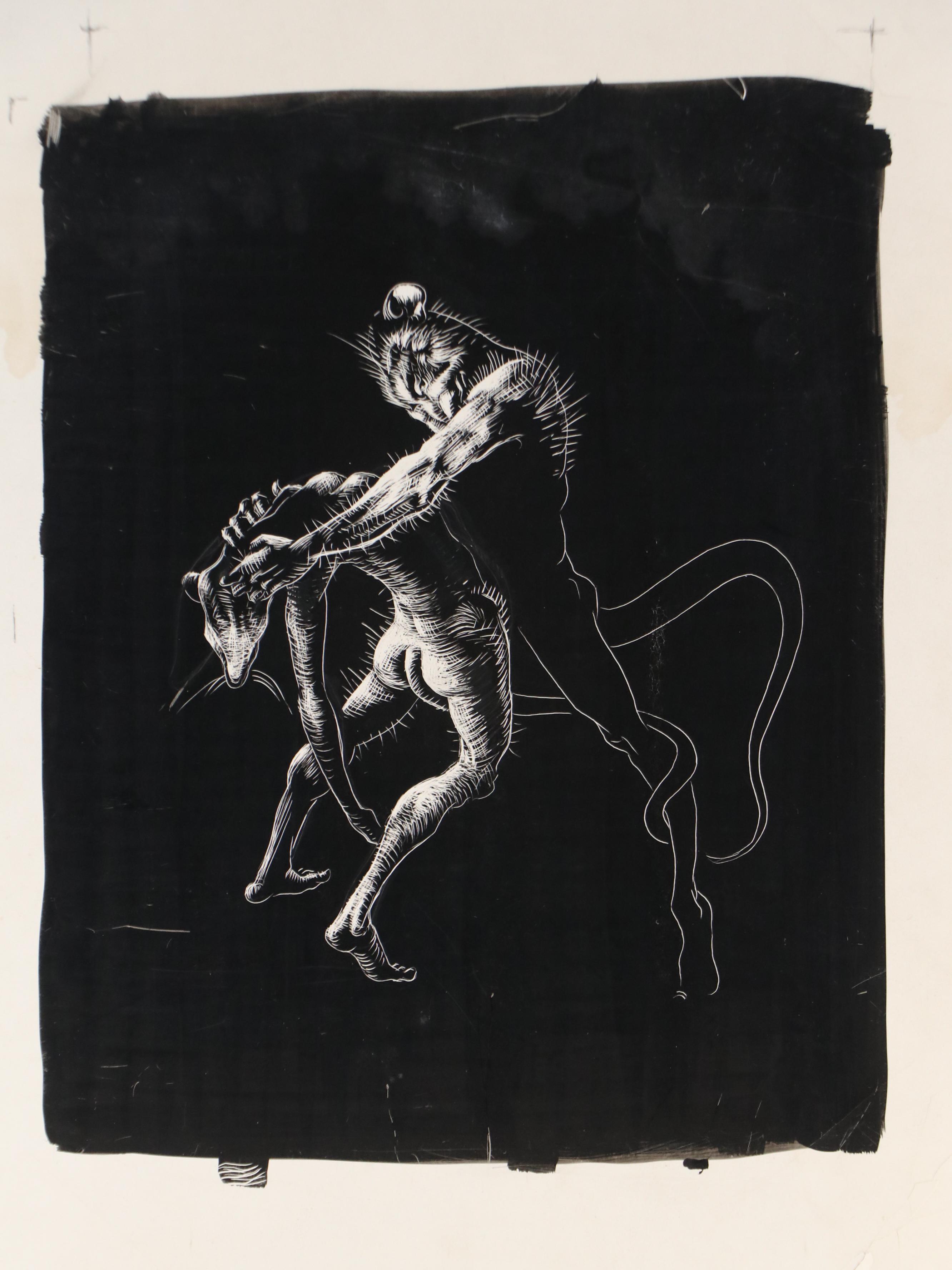 Harvey Shepard Sgraffito Drawing of Humanoid Rats in Combat, Early to Mid-20th C