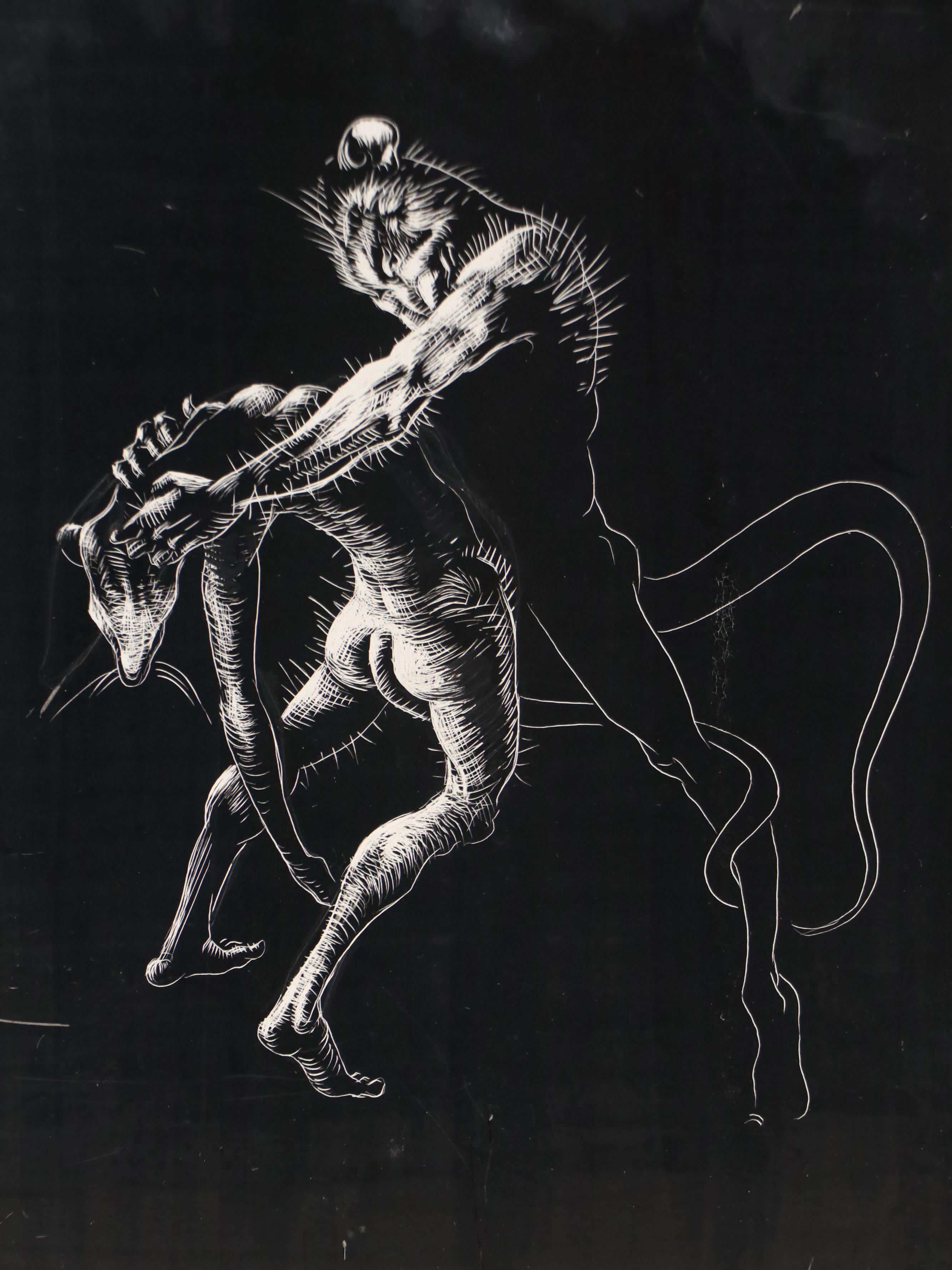 Harvey Shepard Sgraffito Drawing of Humanoid Rats in Combat, Early to Mid-20th C