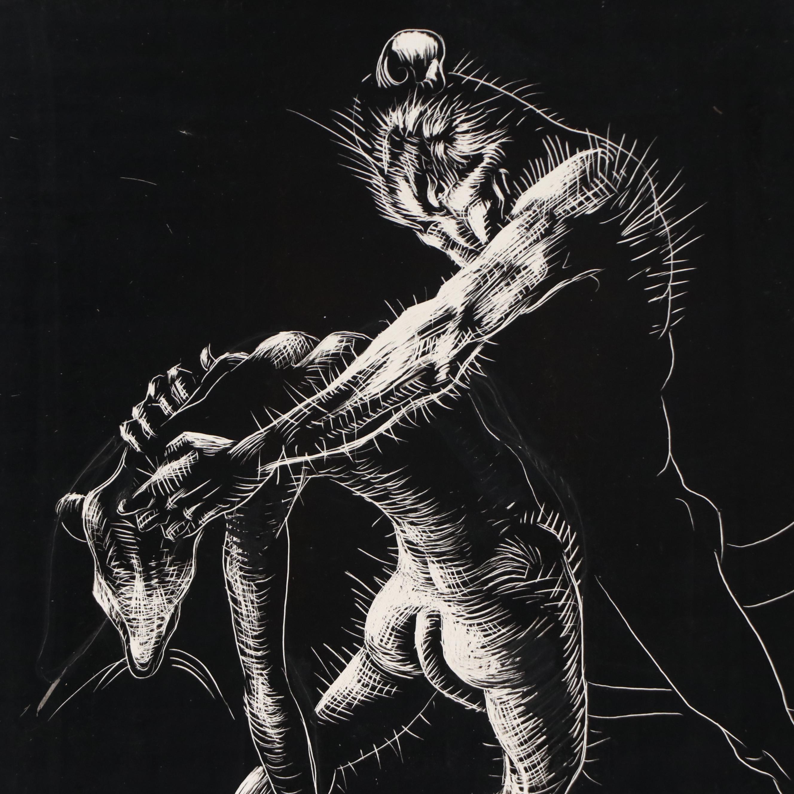 Harvey Shepard Sgraffito Drawing of Humanoid Rats in Combat, Early to Mid-20th C
