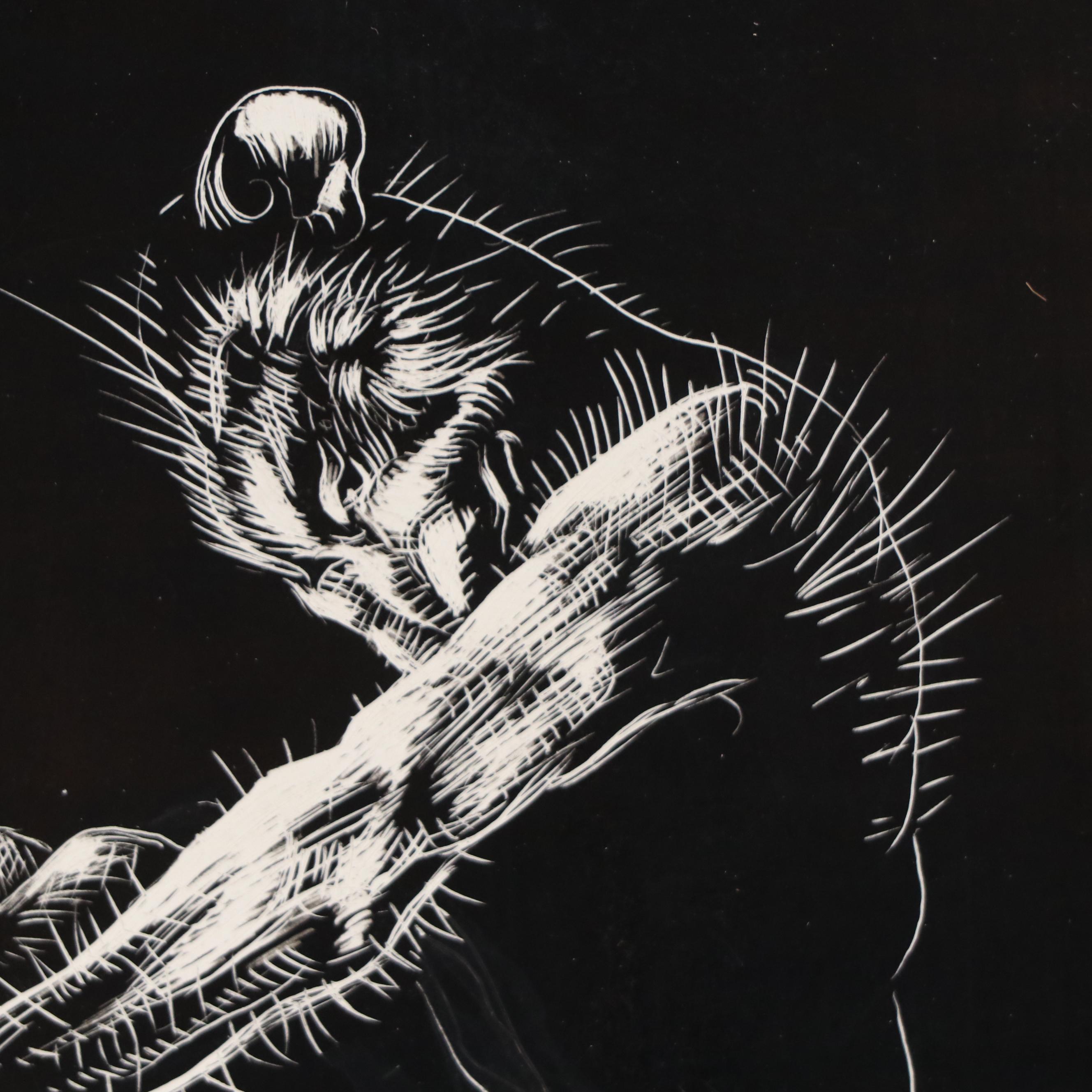 Harvey Shepard Sgraffito Drawing of Humanoid Rats in Combat, Early to Mid-20th C