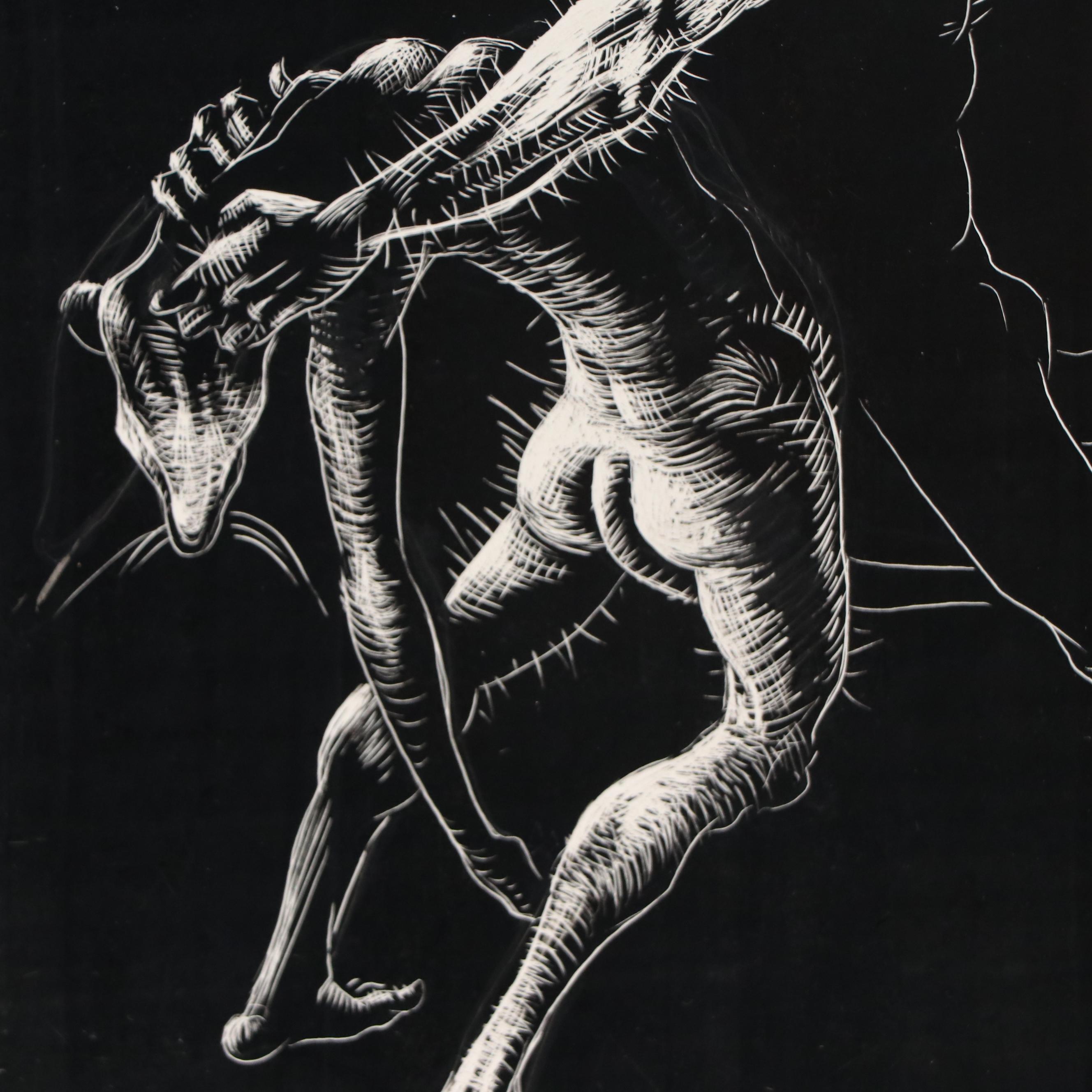 Harvey Shepard Sgraffito Drawing of Humanoid Rats in Combat, Early to Mid-20th C