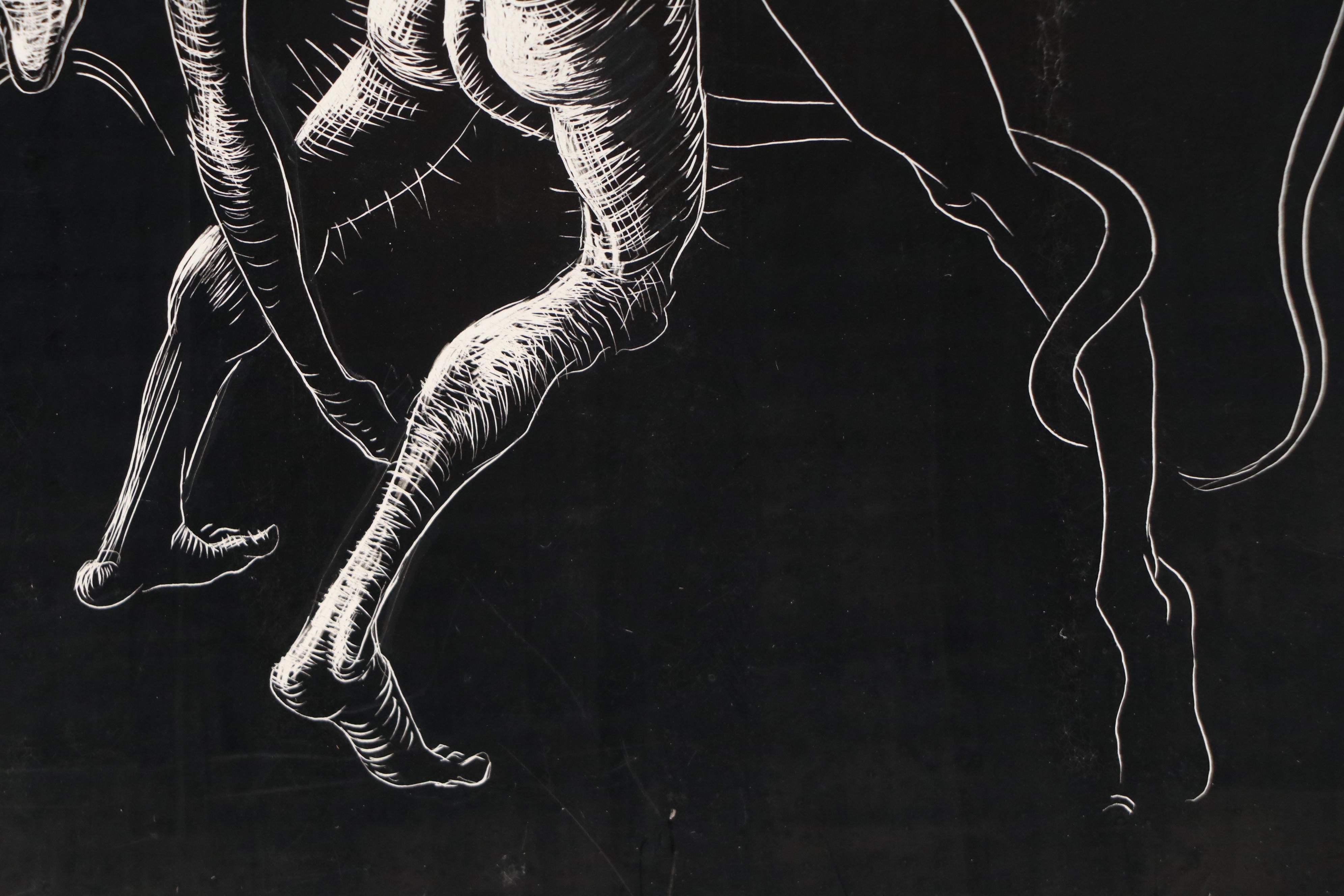 Harvey Shepard Sgraffito Drawing of Humanoid Rats in Combat, Early to Mid-20th C