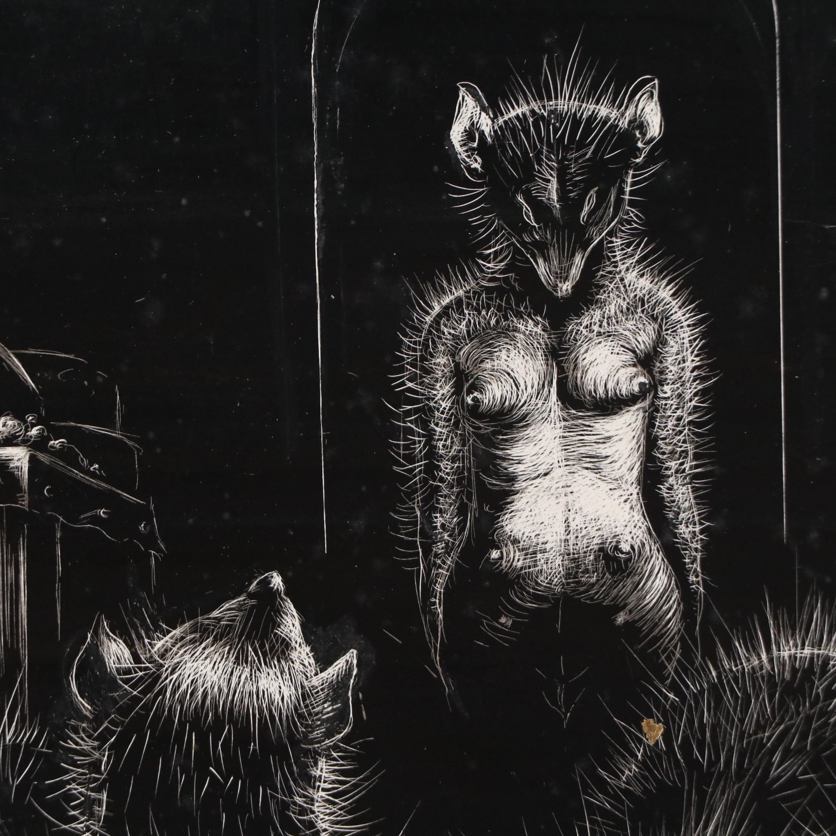 Harvey Shepard Sgraffito Drawing "Rat III - L'Entrée de Celeste," 20th Century