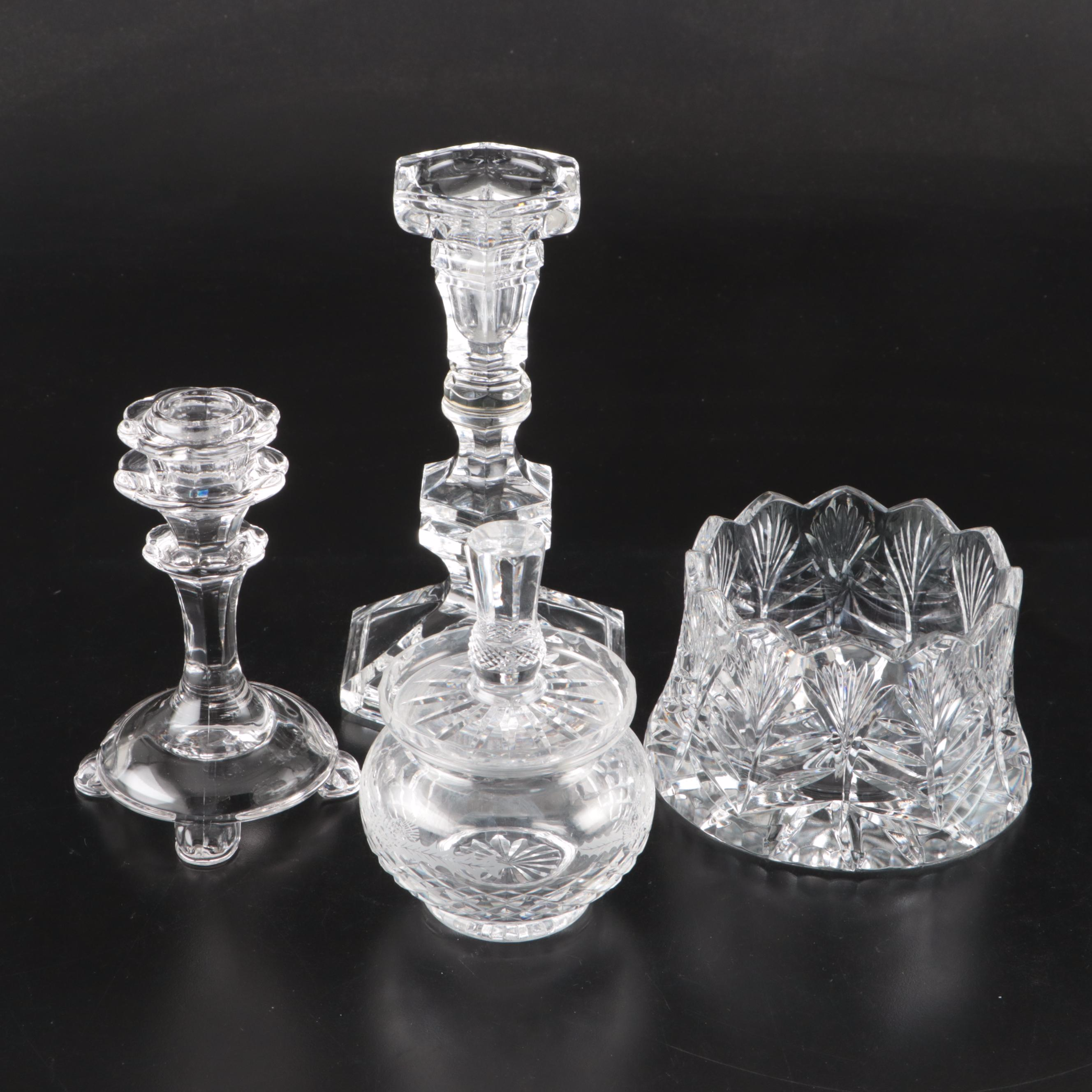 Crystal Candle Holders, Bowl, and Mustard Jar