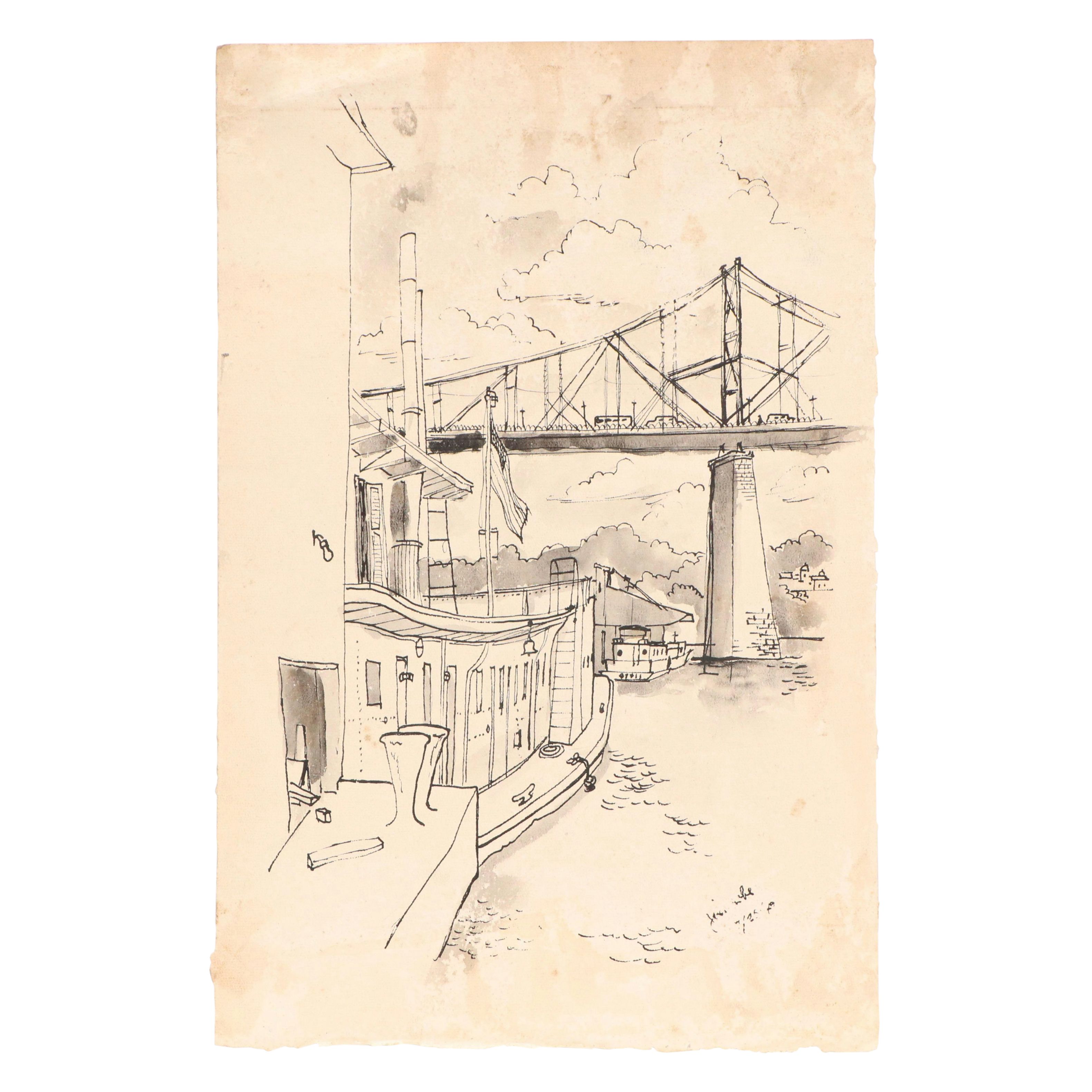 Hand-Tinted Lithograph of Steamboats Passing 2nd St. Bridge, 20th Century