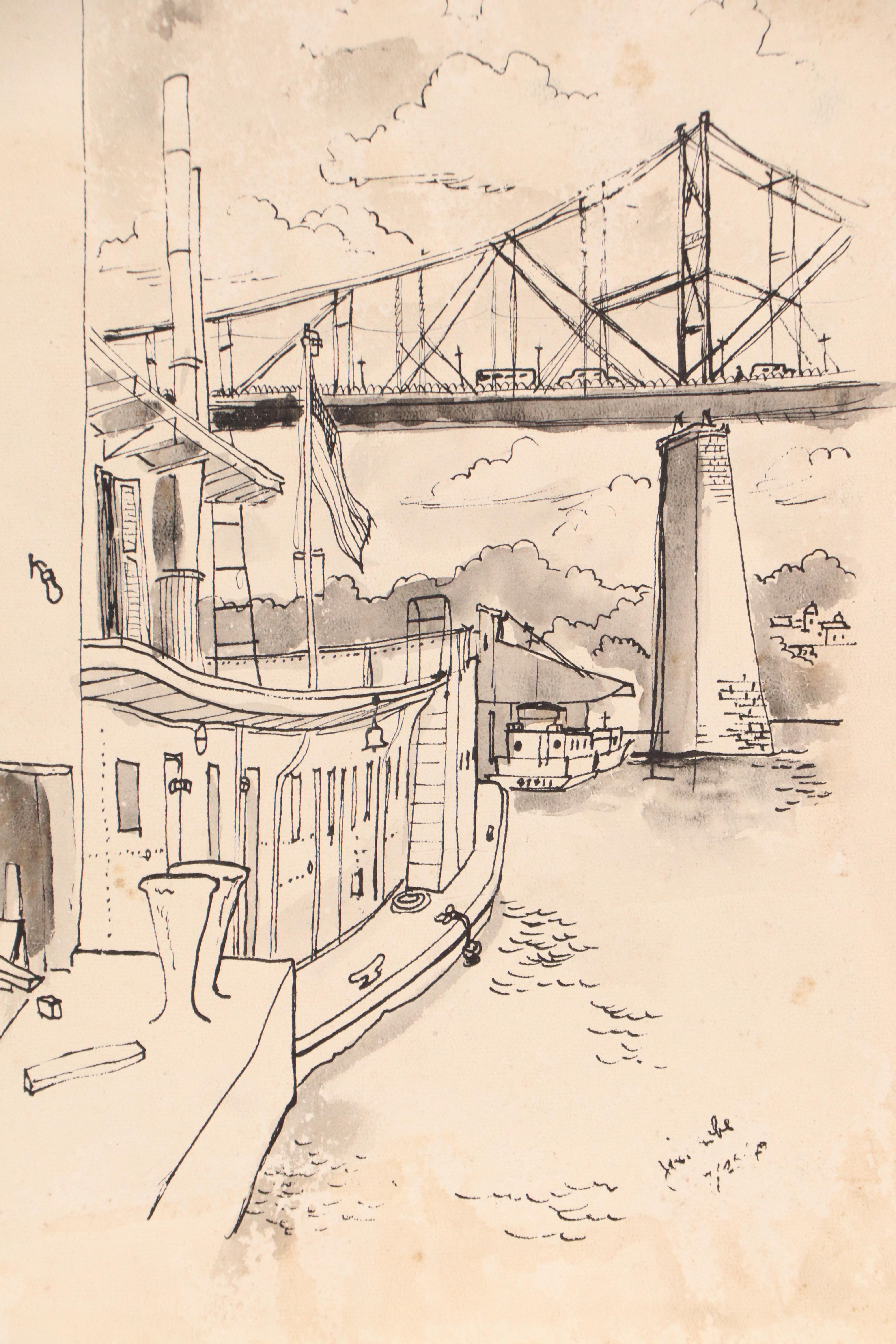 Hand-Tinted Lithograph of Steamboats Passing 2nd St. Bridge, 20th Century