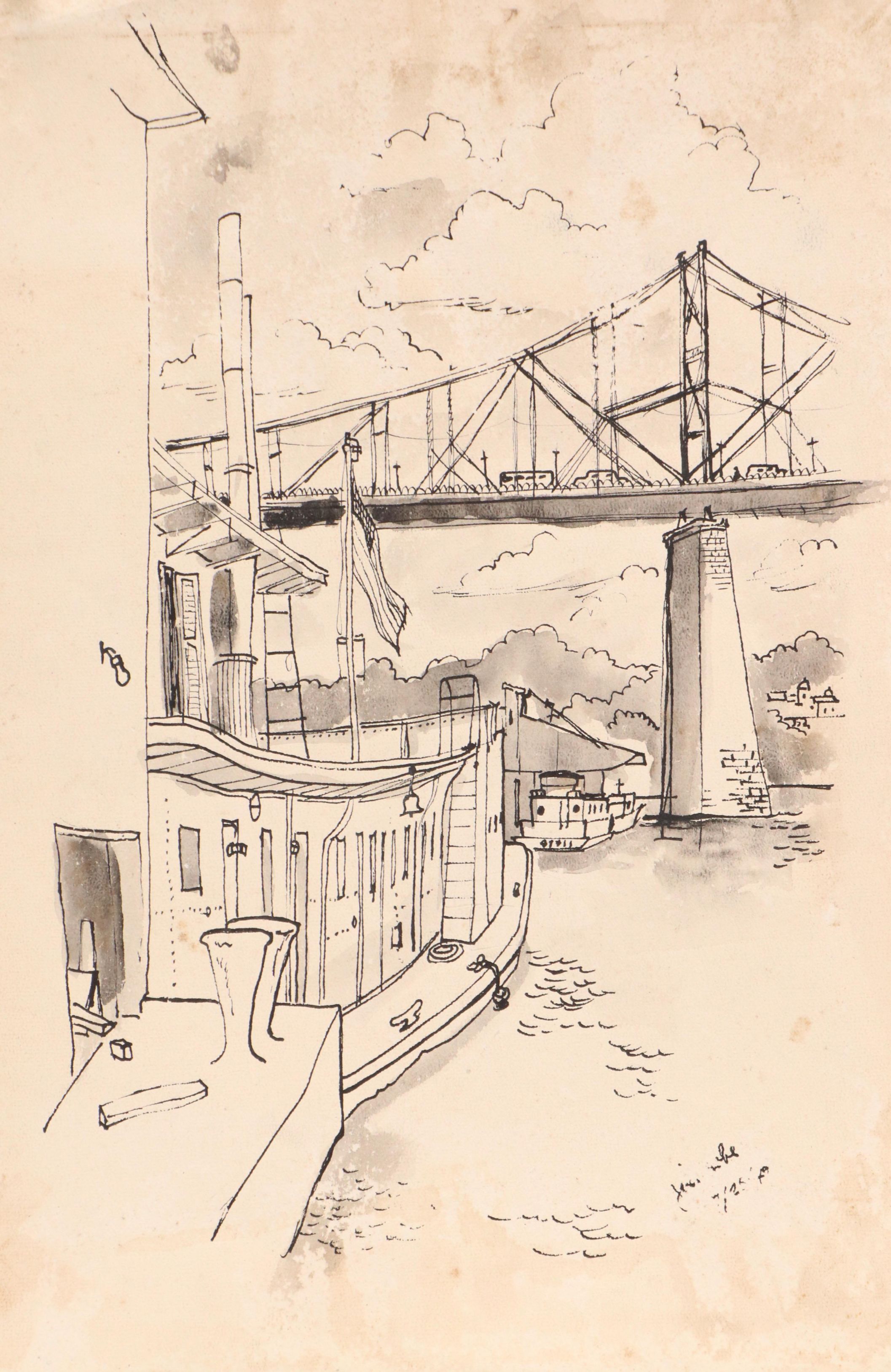 Hand-Tinted Lithograph of Steamboats Passing 2nd St. Bridge, 20th Century
