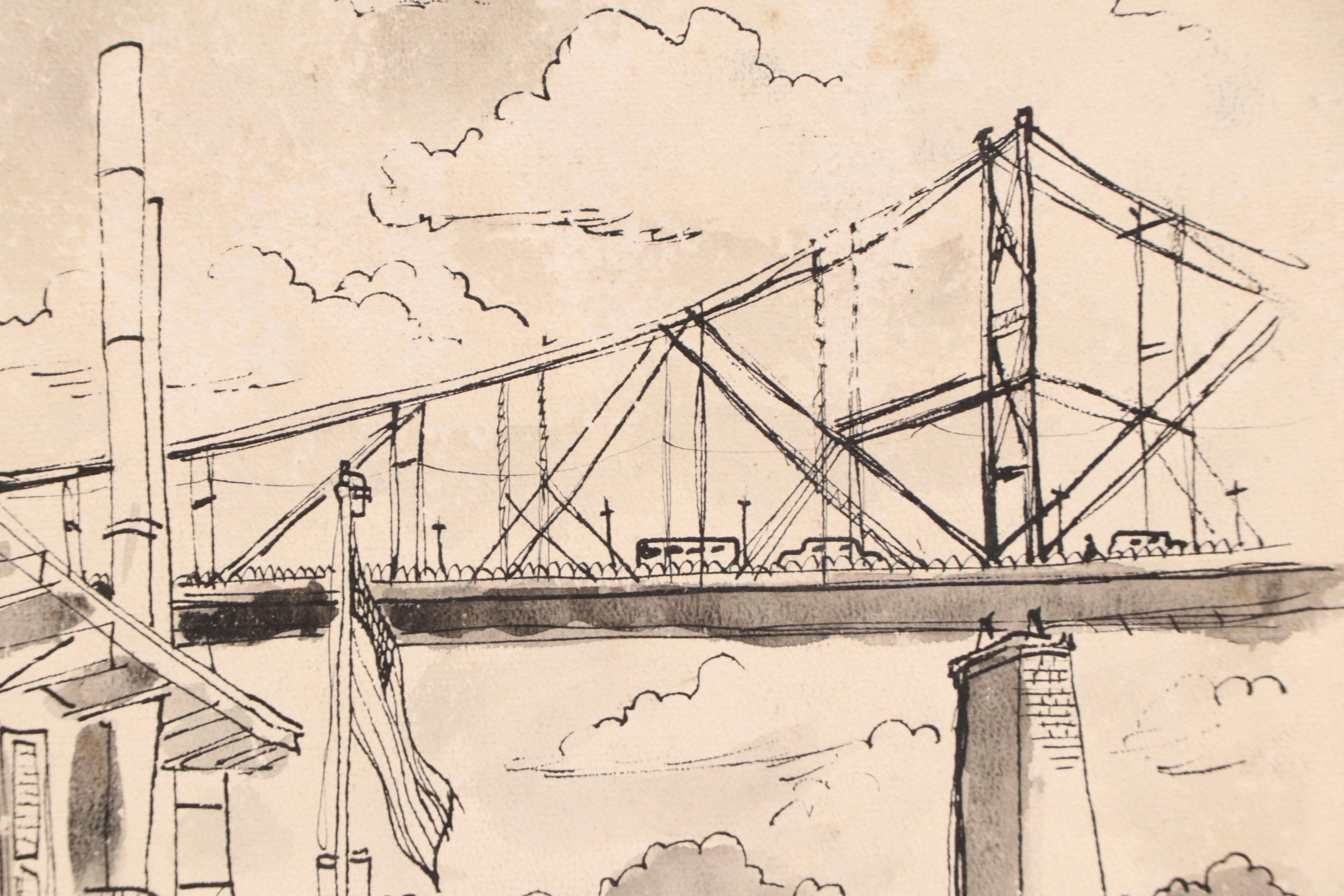 Hand-Tinted Lithograph of Steamboats Passing 2nd St. Bridge, 20th Century