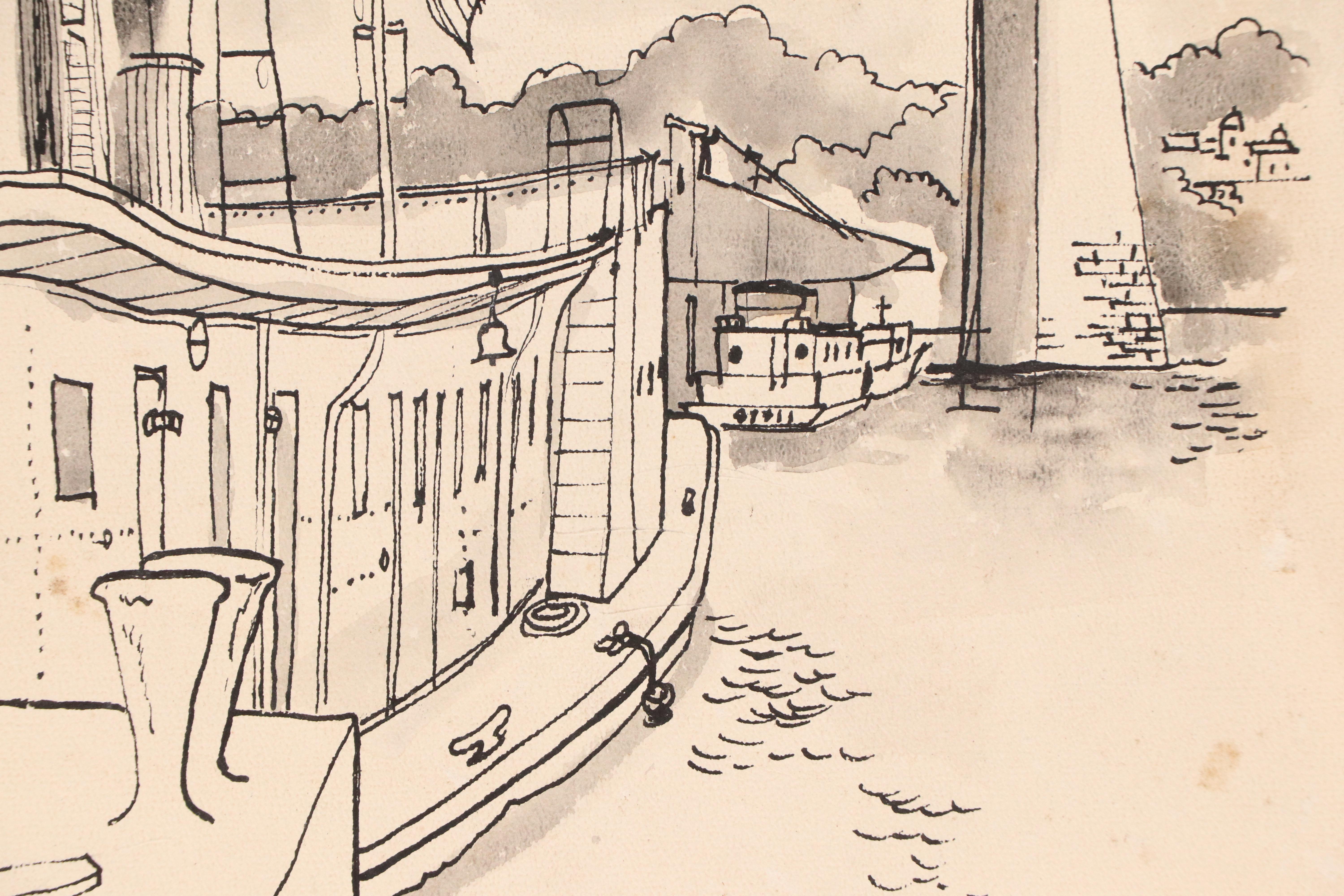 Hand-Tinted Lithograph of Steamboats Passing 2nd St. Bridge, 20th Century