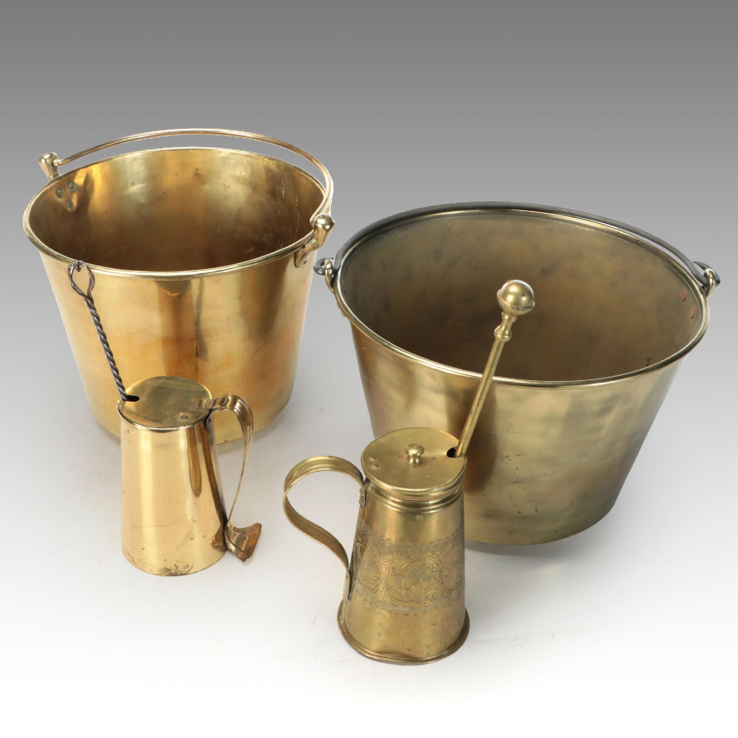Brass Fire Starters with Ansonia and Chinese Brass Bucket, Mid-19th Century