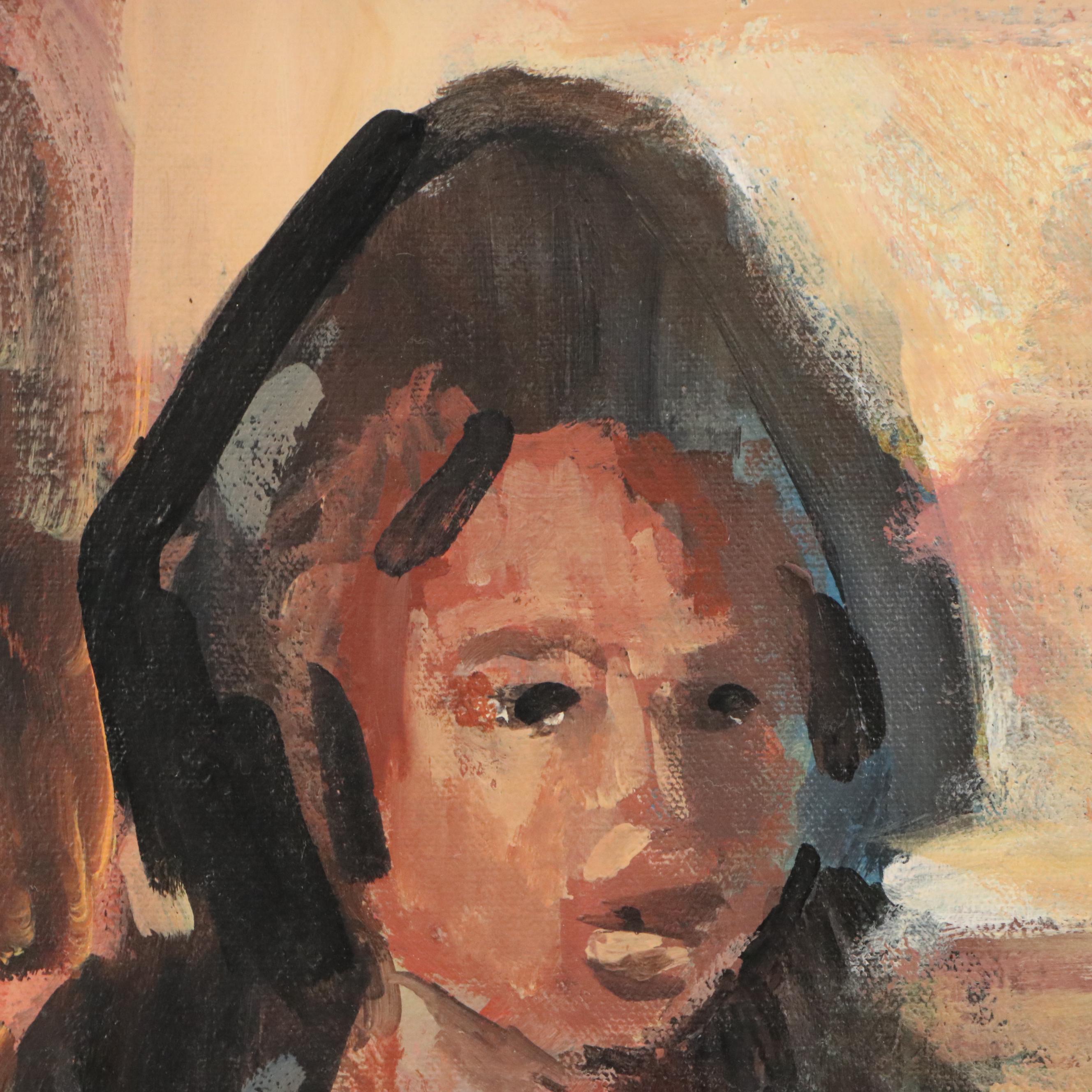 Portrait Oil Painting of Child Holding Doll, Mid to Late 20th Century