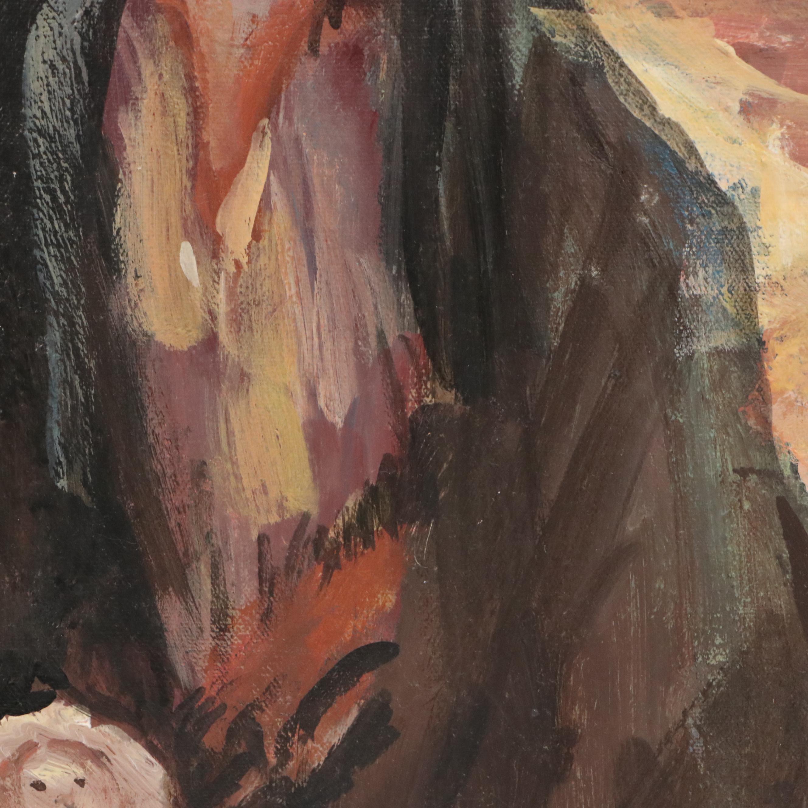 Portrait Oil Painting of Child Holding Doll, Mid to Late 20th Century