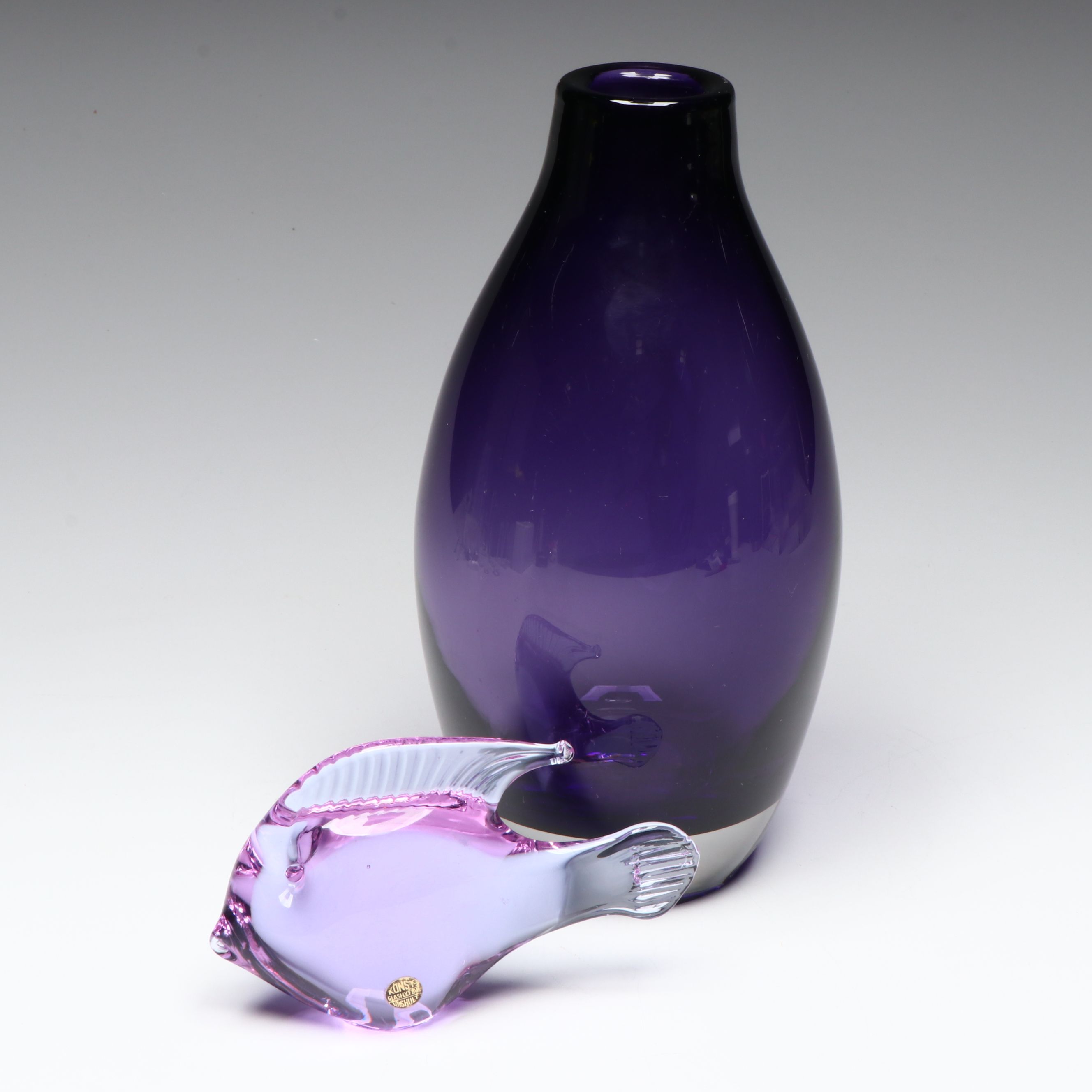 Konst Glashyttan Urshult Glass Fish with Other Purple Blown Glass Vase