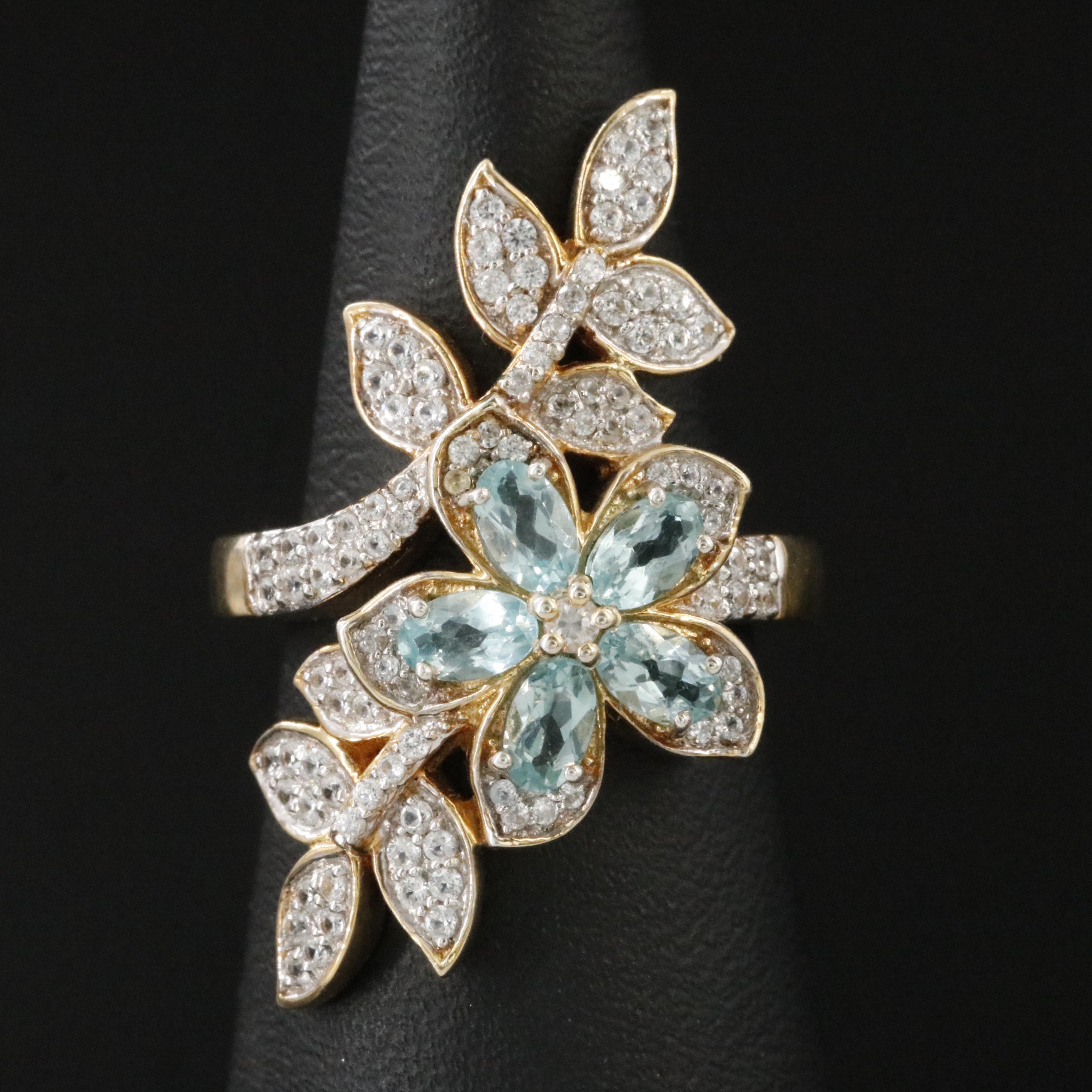 Sterling Apatite and White Zircon Foliate Bypass Ring