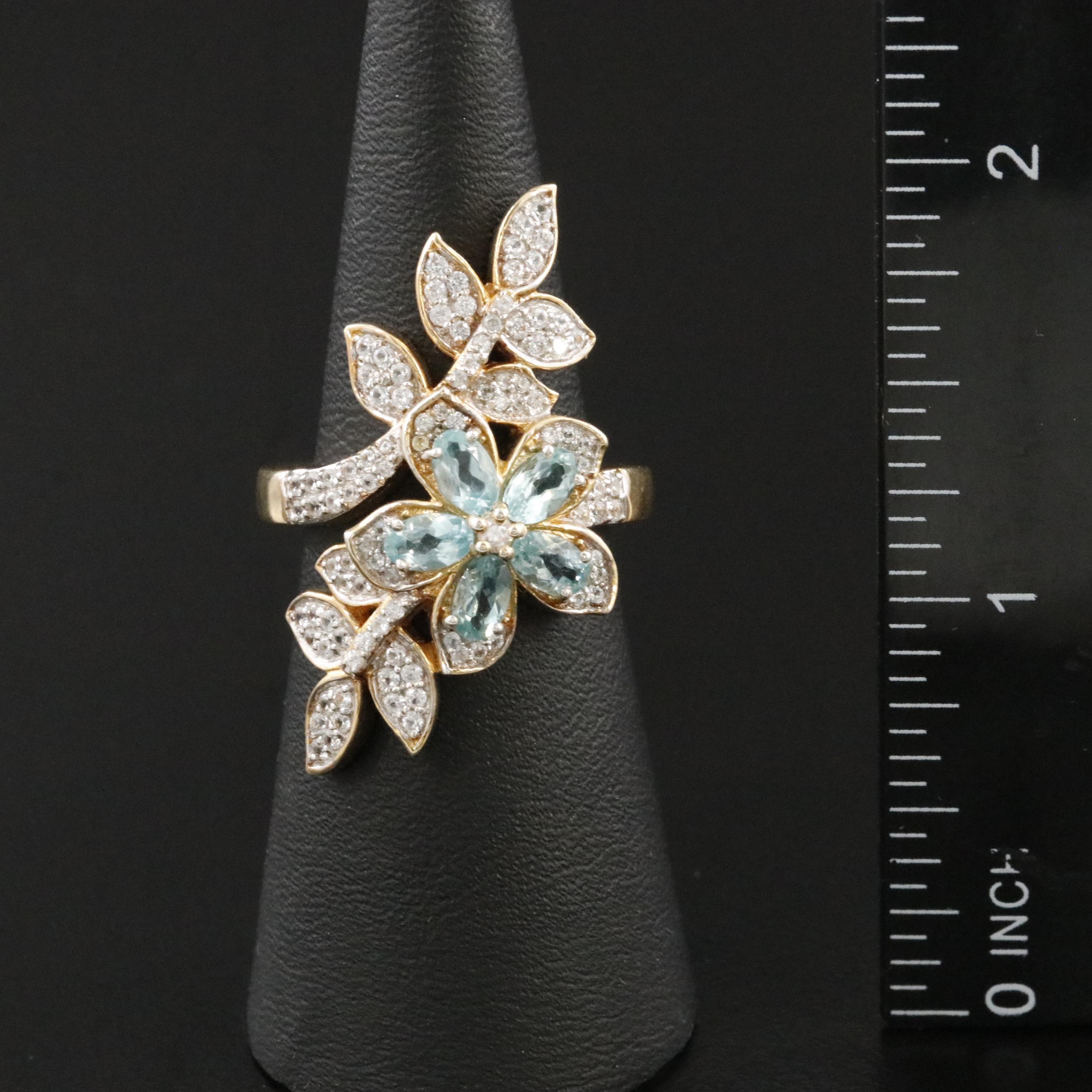 Sterling Apatite and White Zircon Foliate Bypass Ring