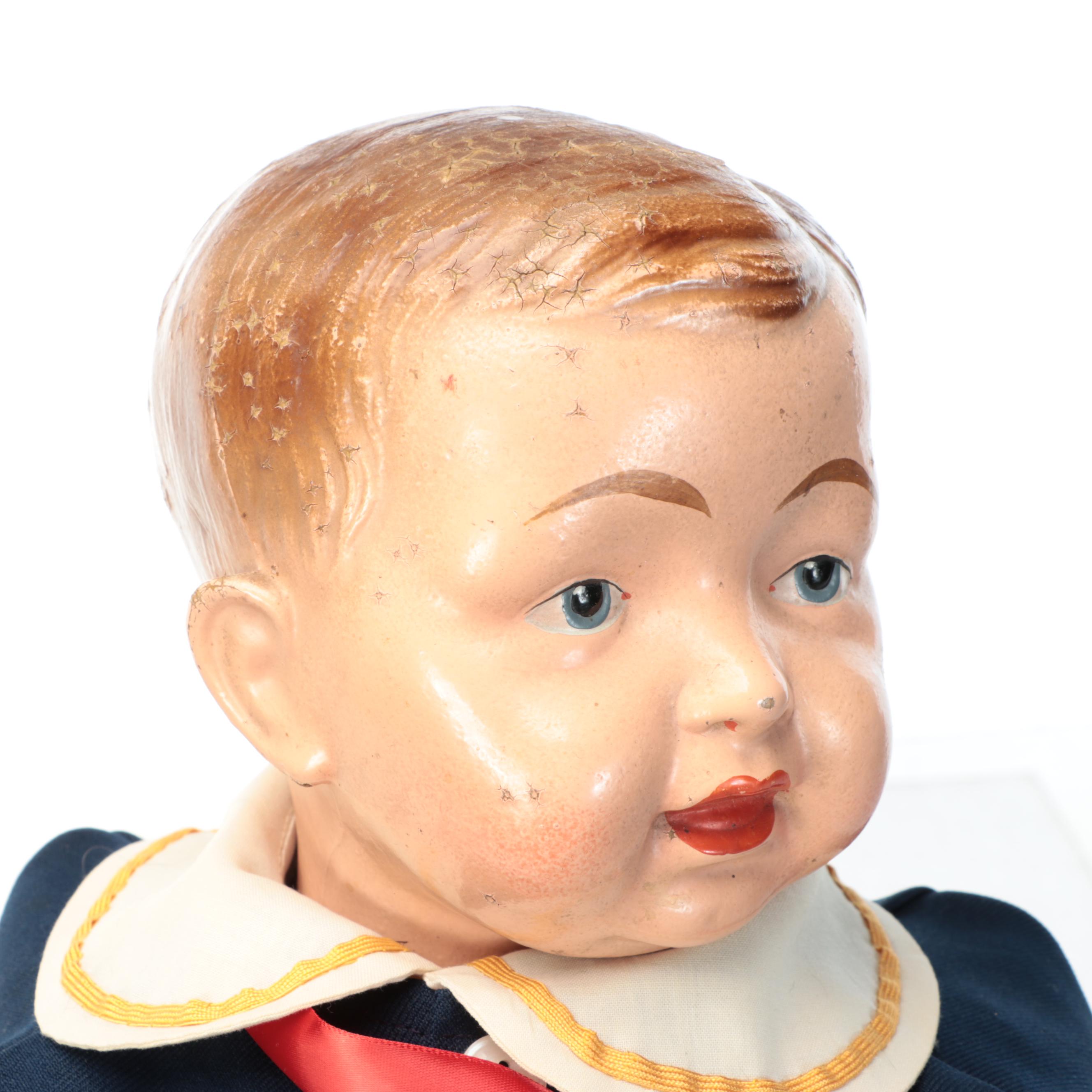 WWI Era Dimple Type Boy Doll with Composition Head and Original Cloth Body