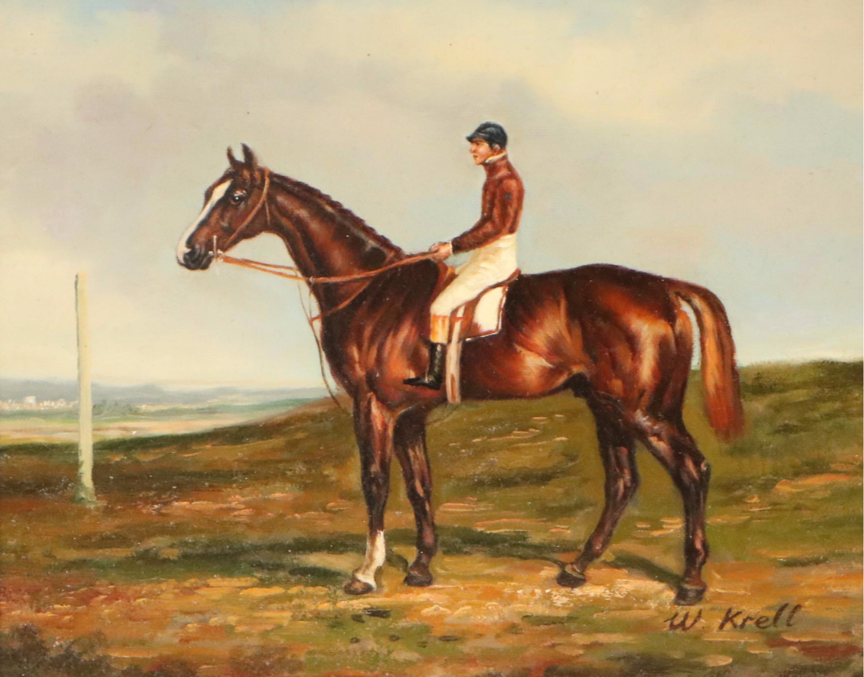 W. Krell Horse and Jockey Portrait Oil Painting