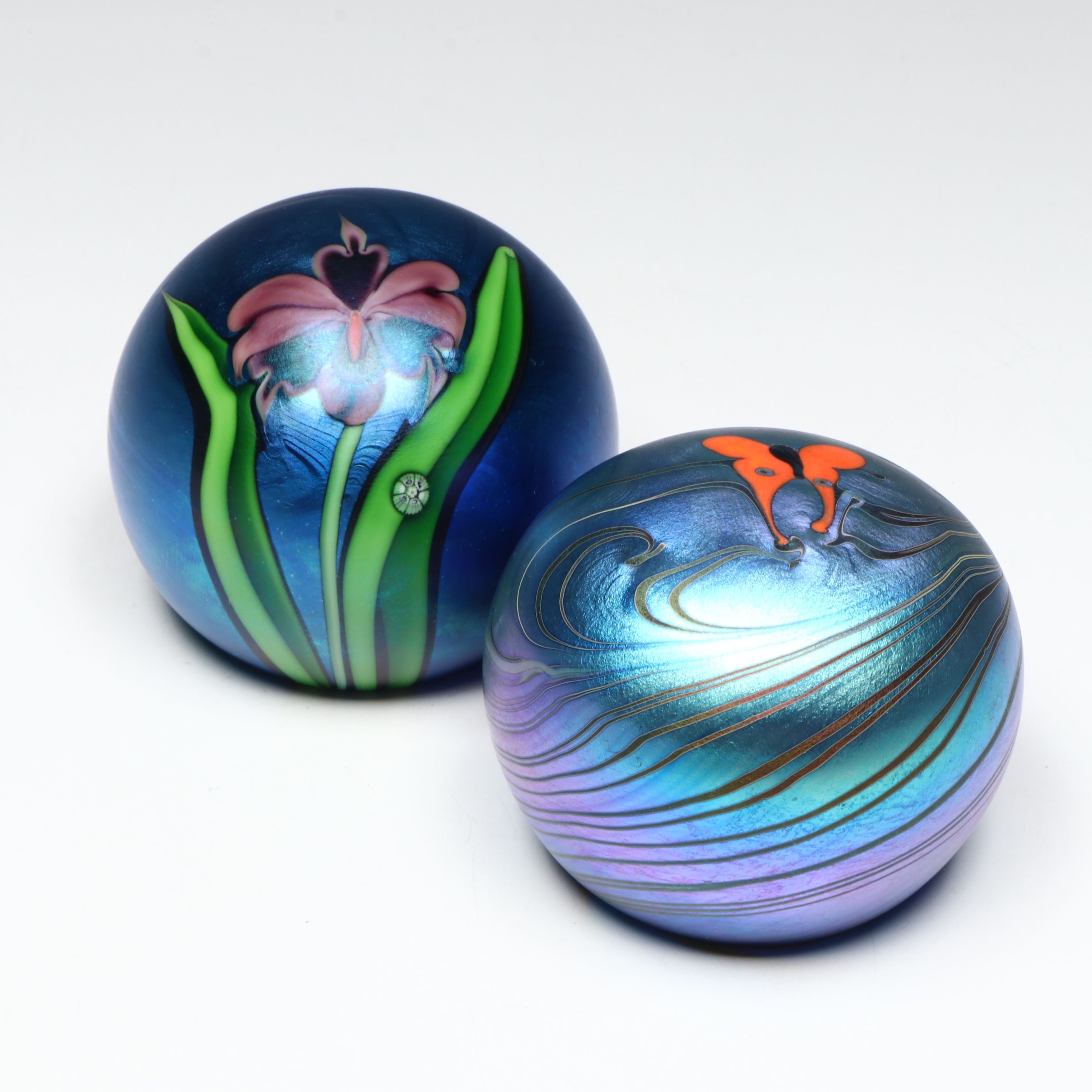 Orient & Flume and Lundberg Iridescent Blue Floral Art Glass Paperweights