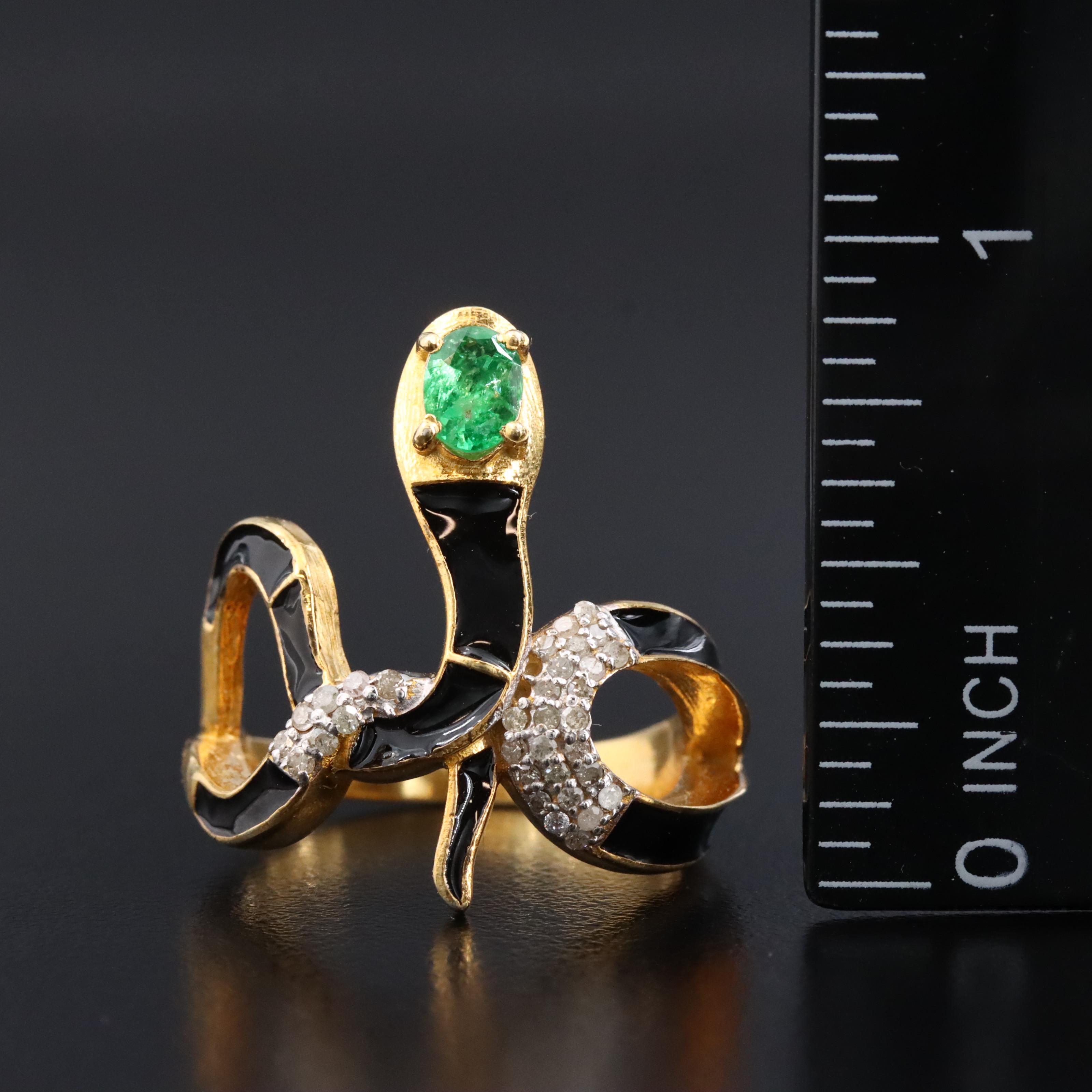 Sterling Emerald, Diamond, and Enamel Snake Ring