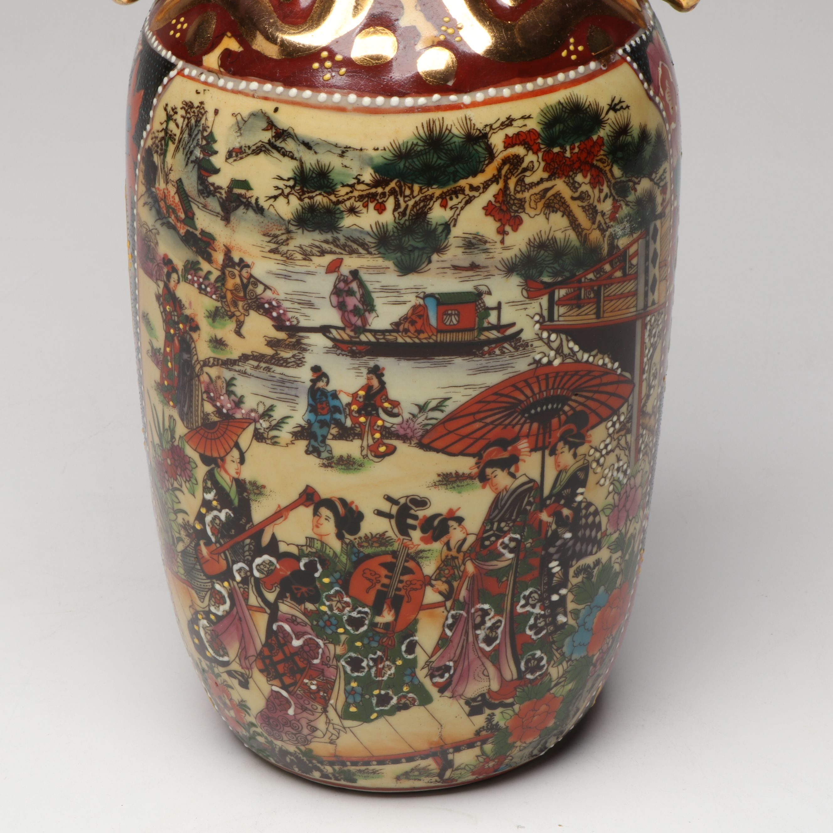 Meiji Period Hand-Painted Satsuma Moriage Garden Scene Ceramic Vase
