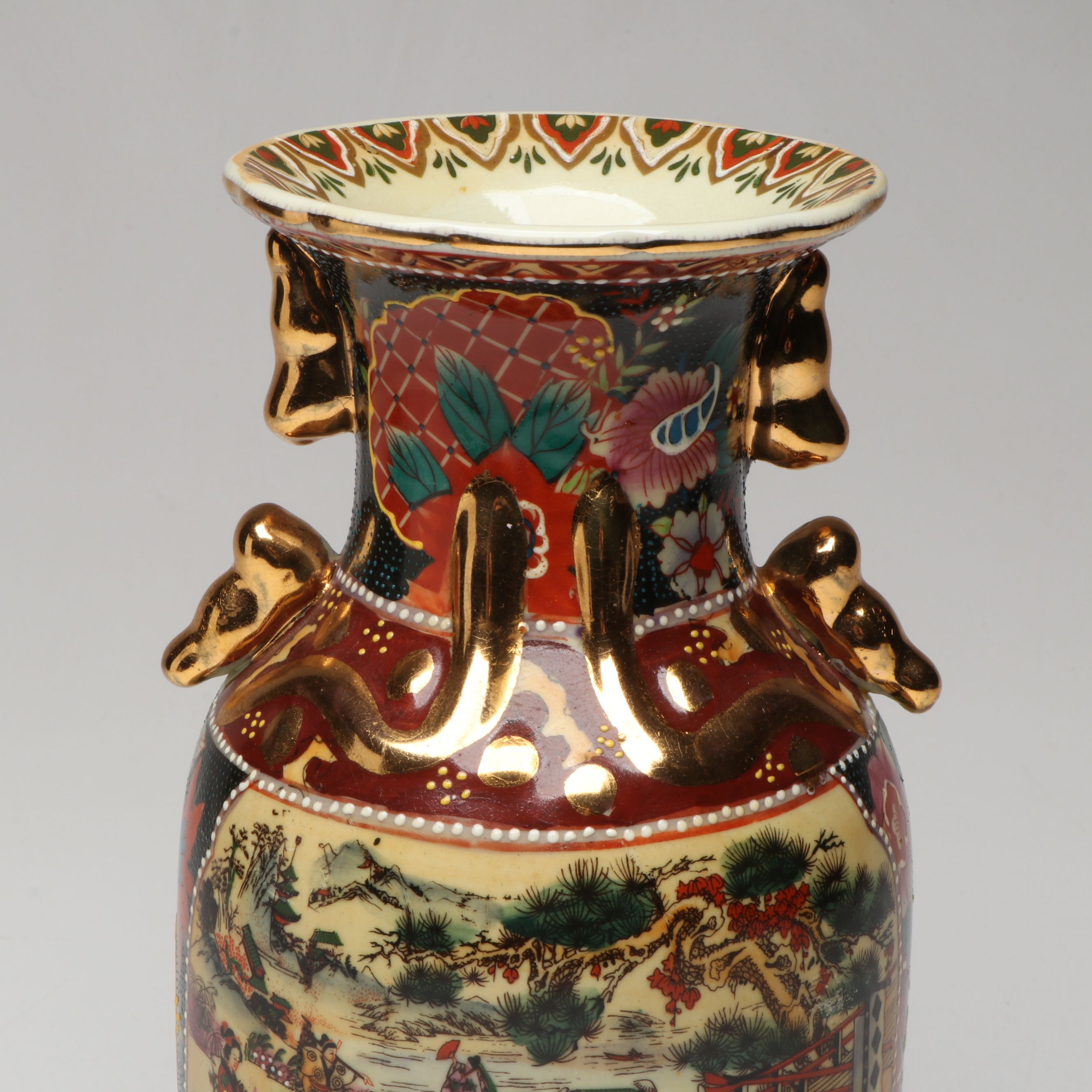 Meiji Period Hand-Painted Satsuma Moriage Garden Scene Ceramic Vase