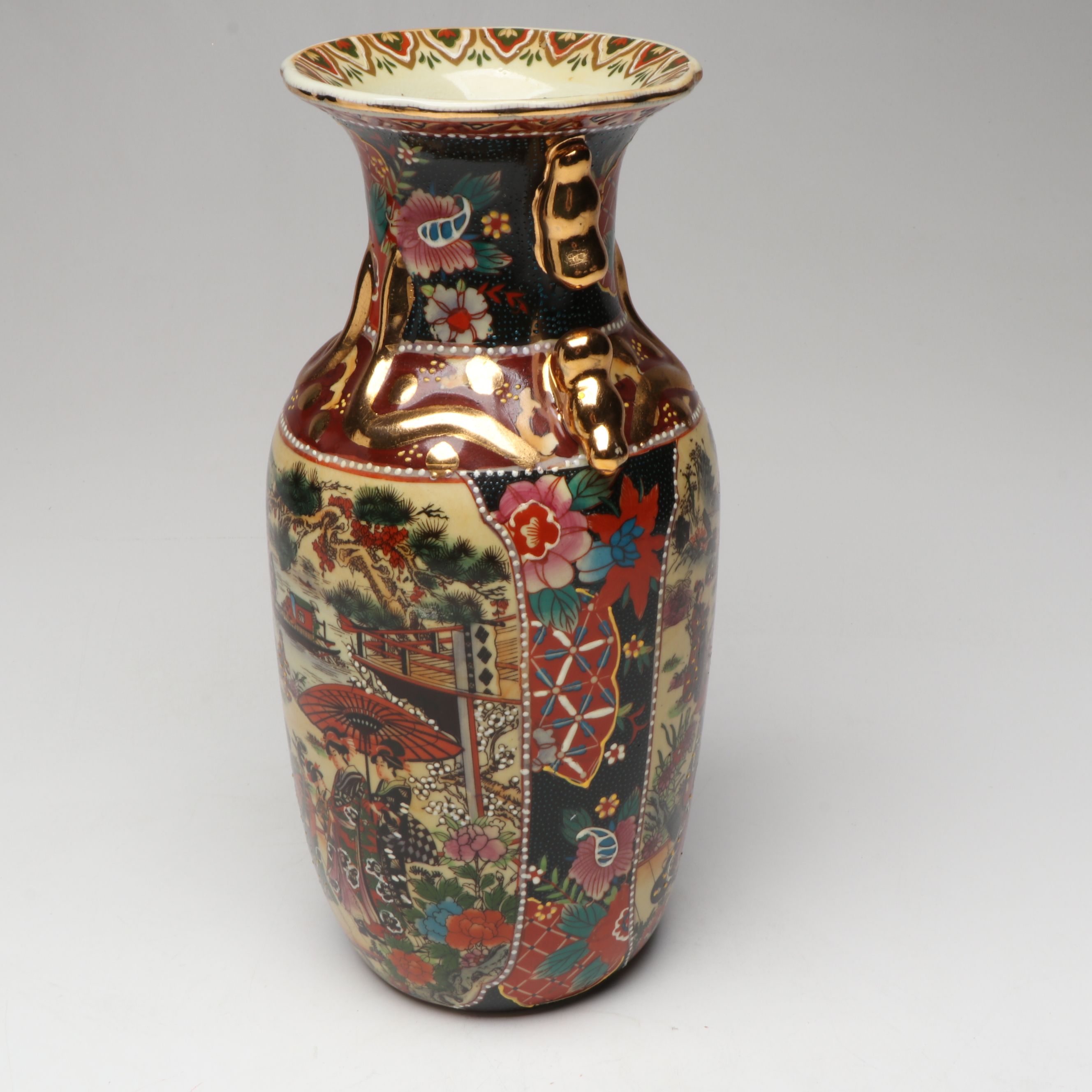 Meiji Period Hand-Painted Satsuma Moriage Garden Scene Ceramic Vase