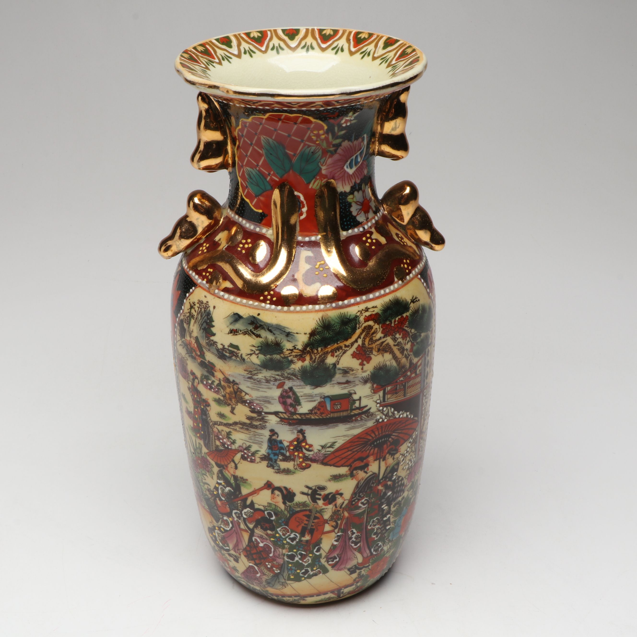 Meiji Period Hand-Painted Satsuma Moriage Garden Scene Ceramic Vase