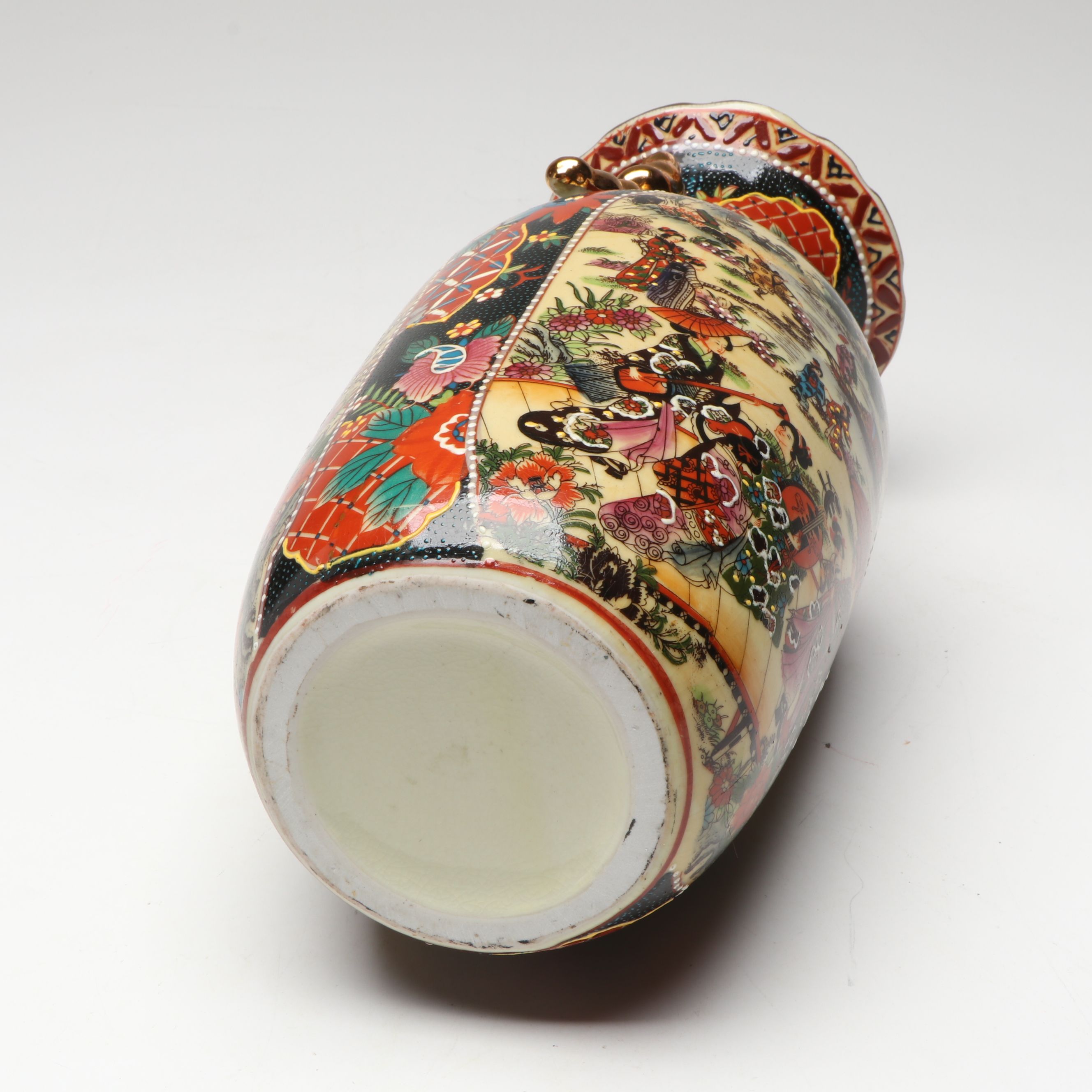 Meiji Period Hand-Painted Satsuma Moriage Garden Scene Ceramic Vase