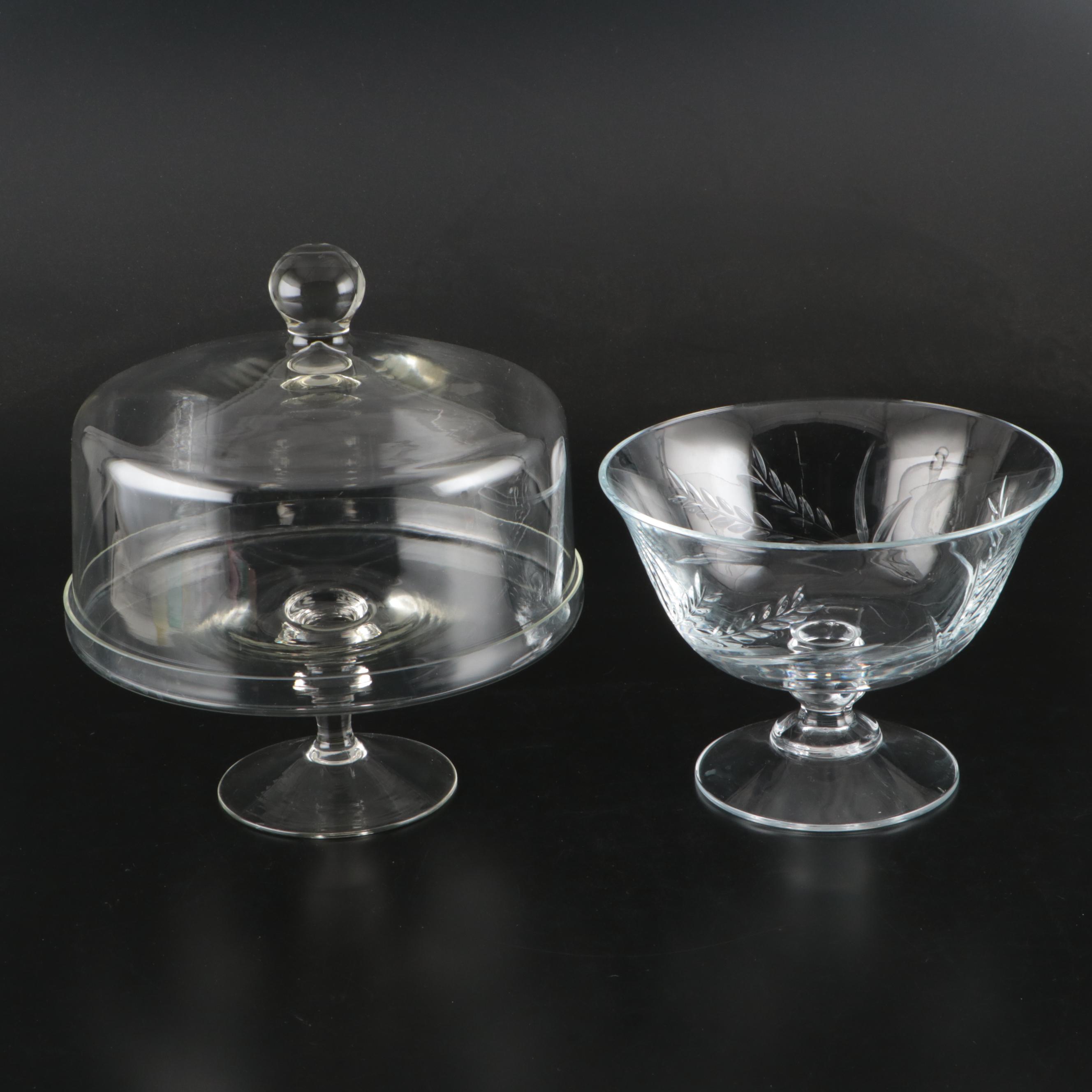 Glass Wheat Motif Serving Bowl with Domed Cake Plate