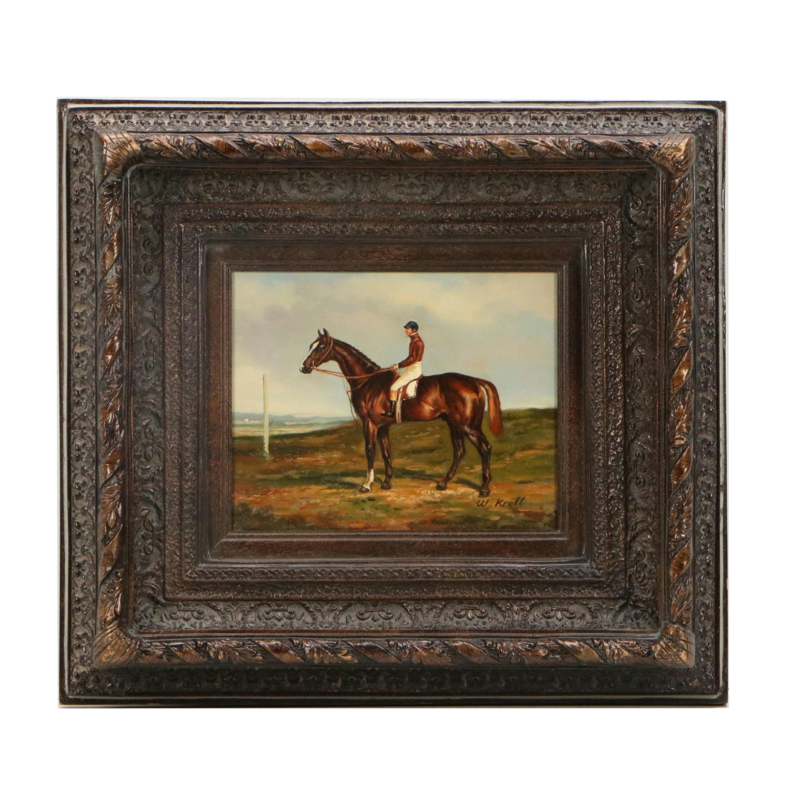 W. Krell Horse and Jockey Portrait Oil Painting